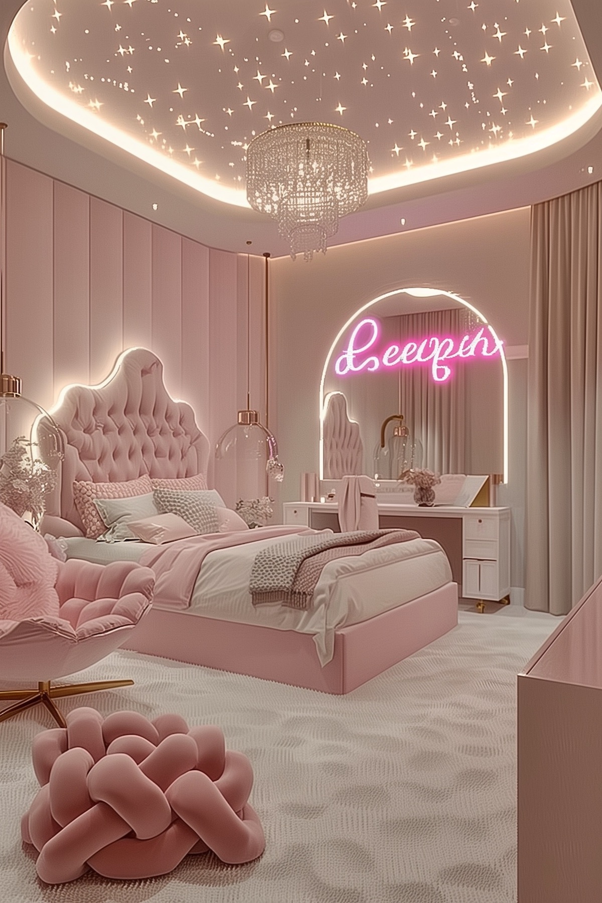 Luxurious girls bedroom soft pink