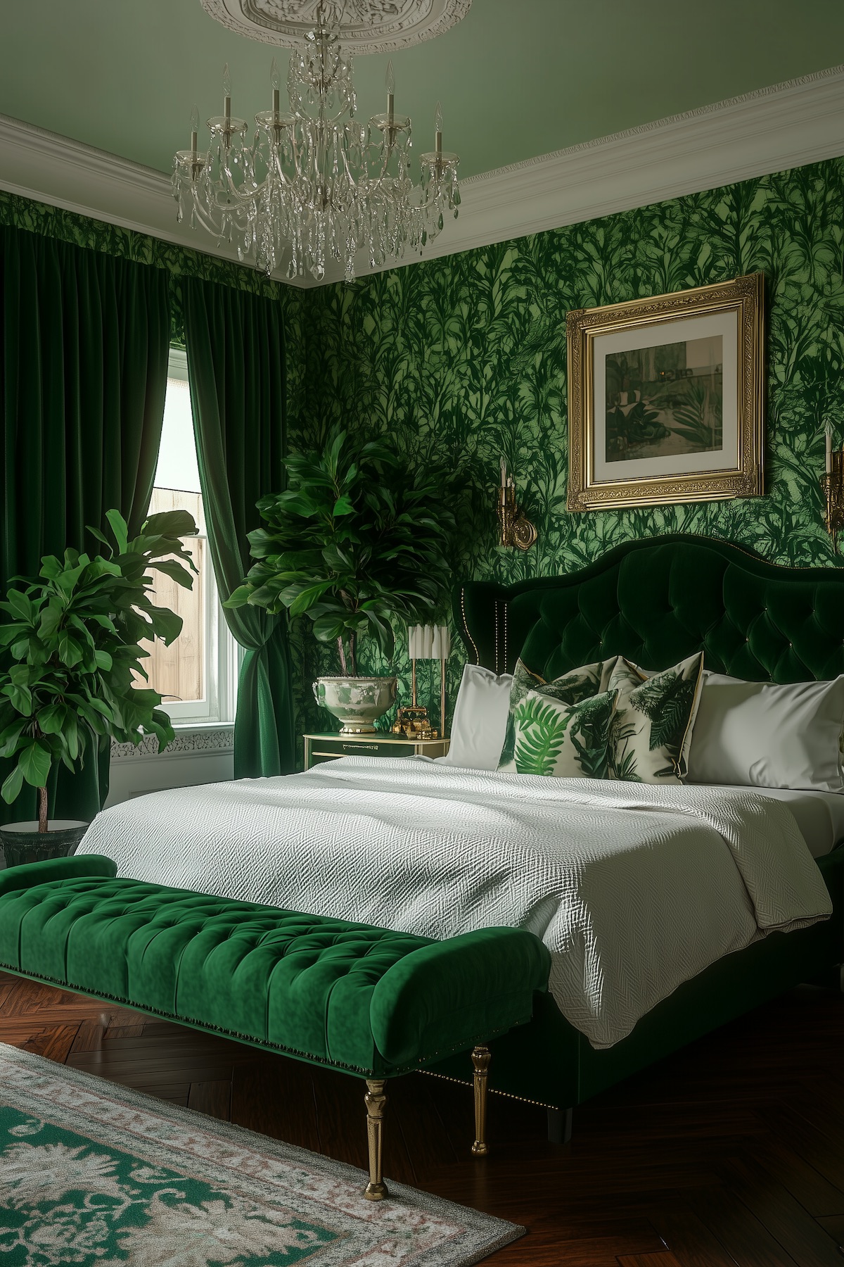 Luxurious green bedroom emerald and sage color palette