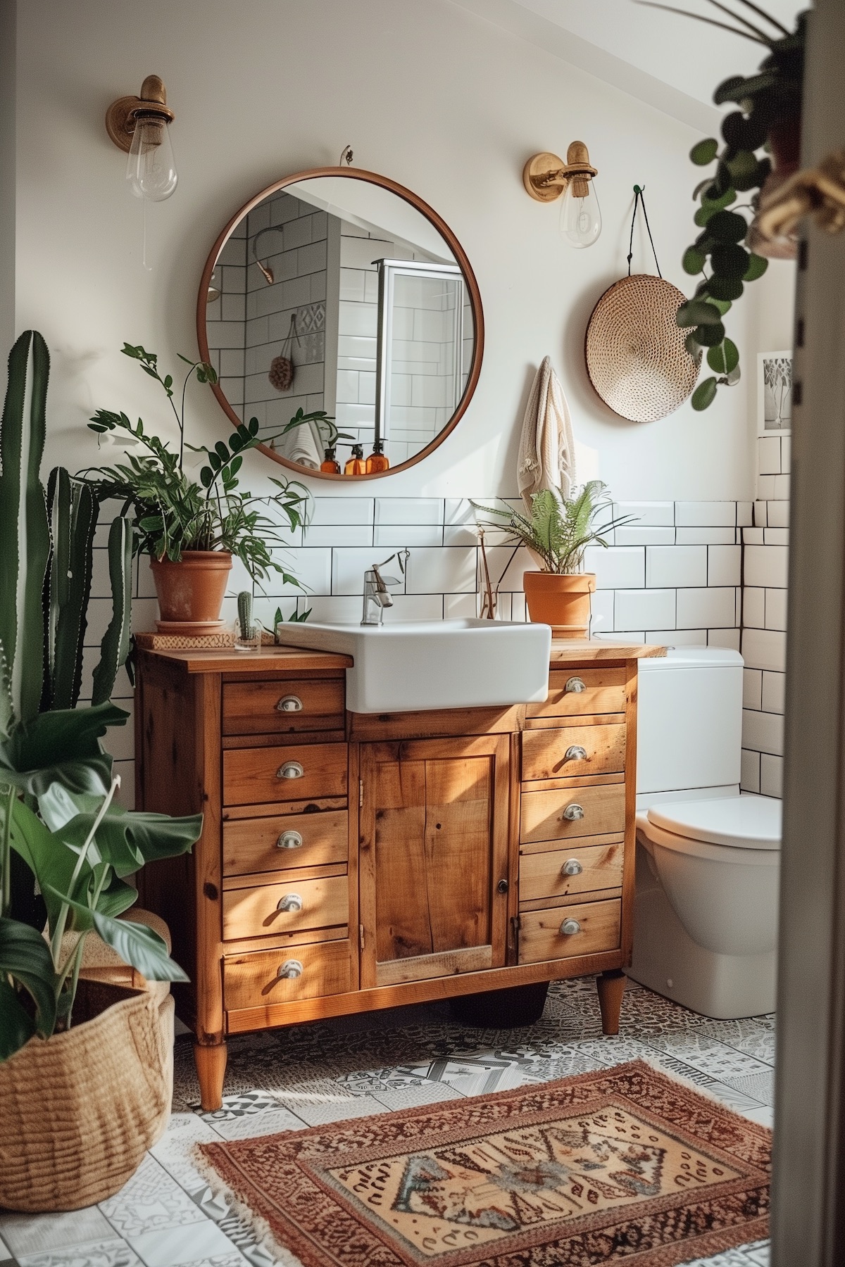 boho bathroom with cacti white tiles and wood