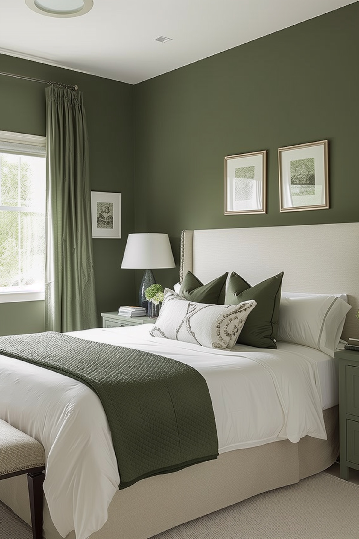 luxurious bedroom with olive green bedding
