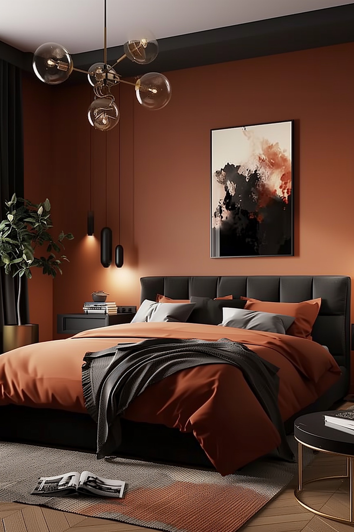 luxurious rust and black bedroom