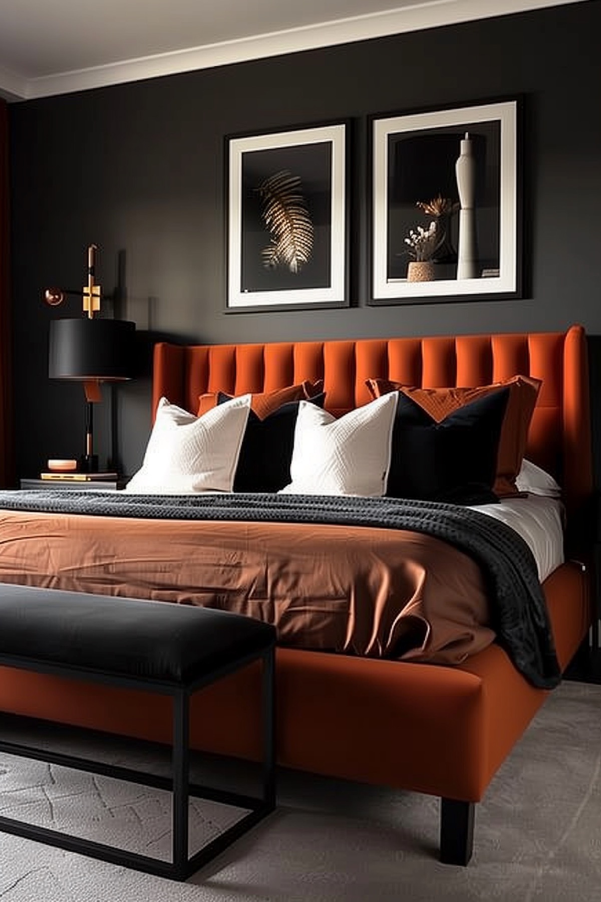 luxurious rust and black bedroom decor