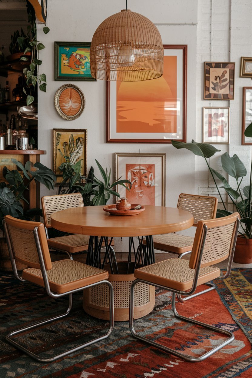 70s dining room eclectic boho orange chairs gallery wall