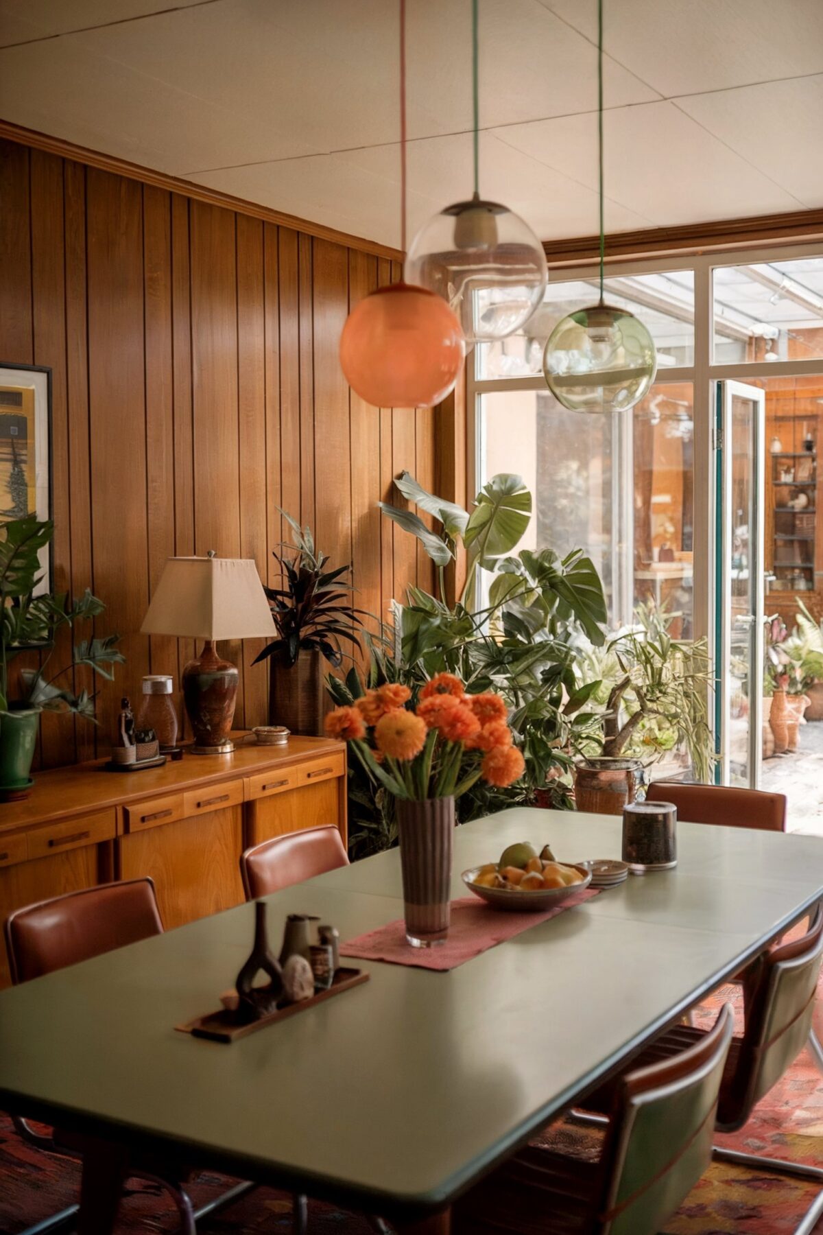 70s dining room eclectic green table orange wall