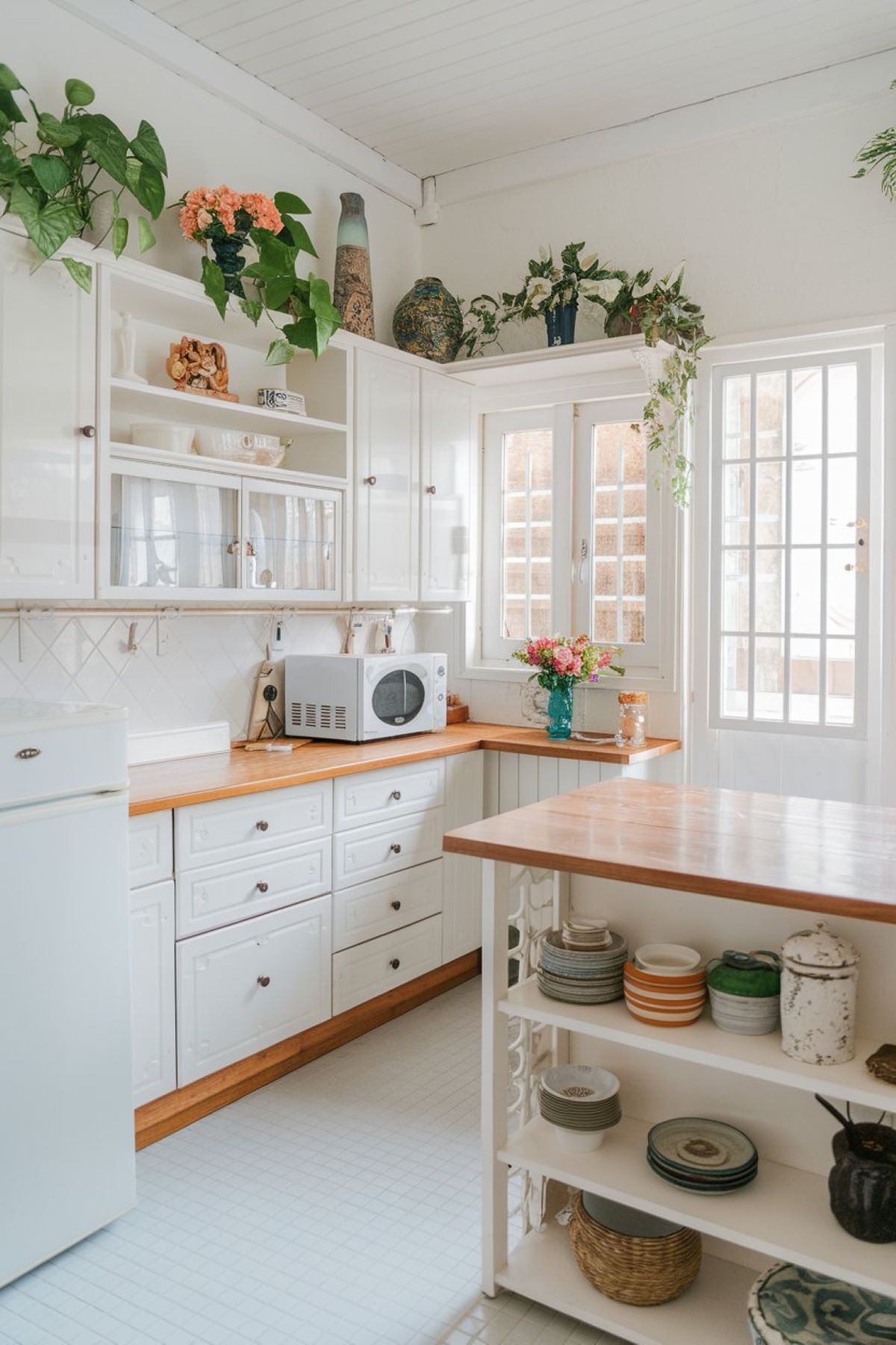 A bright and airy farmhouse kitchen with above the cabinet decor