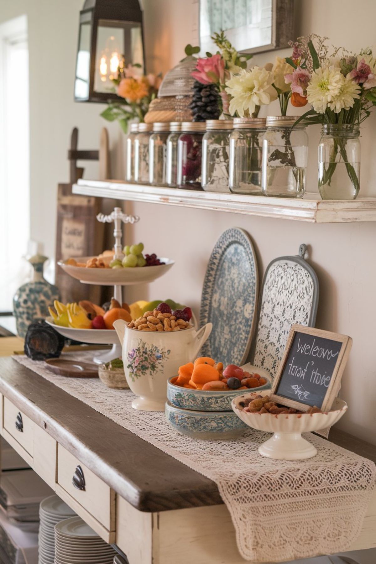 A charming farmhouse style kitchen buffet table elegantly styled to create a warm, inviting atmosphere.