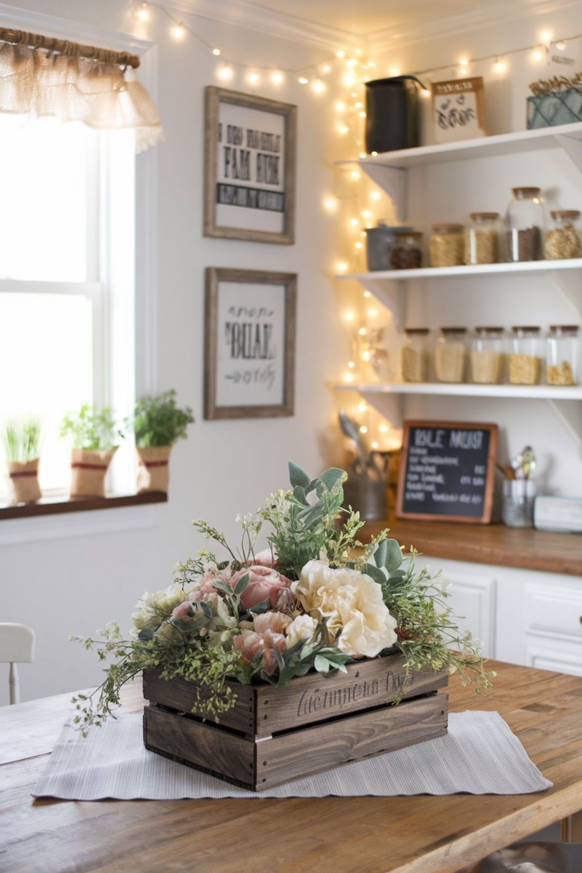 A cozy farmhouse kitchen featuring creative DIY decor made from affordable Dollar Tree items