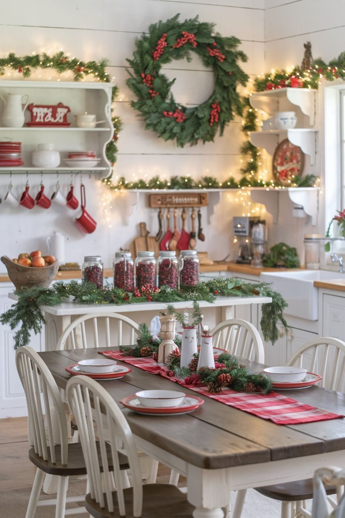 A photo of a cozy farmhouse kitchen beautifully adorned for Christmas