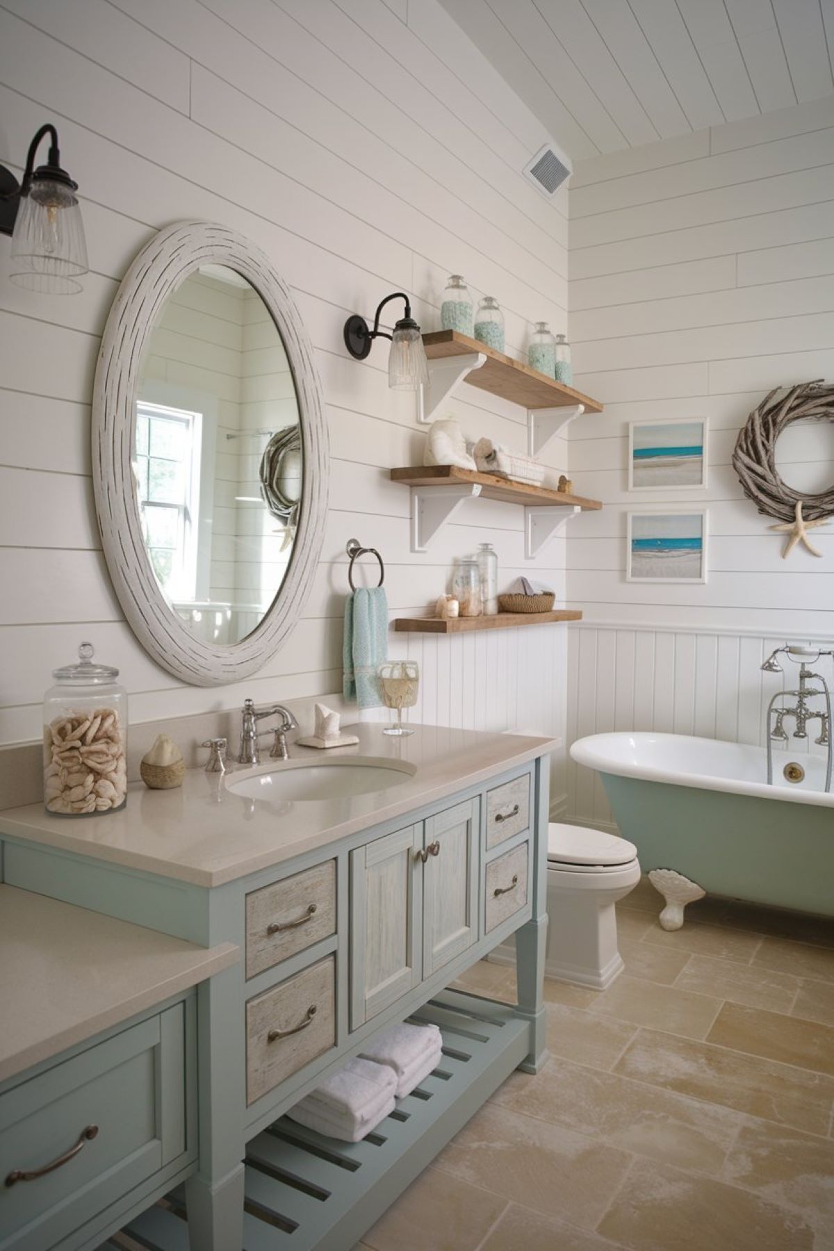 A serene bathroom that harmoniously blends coastal and farmhouse styles