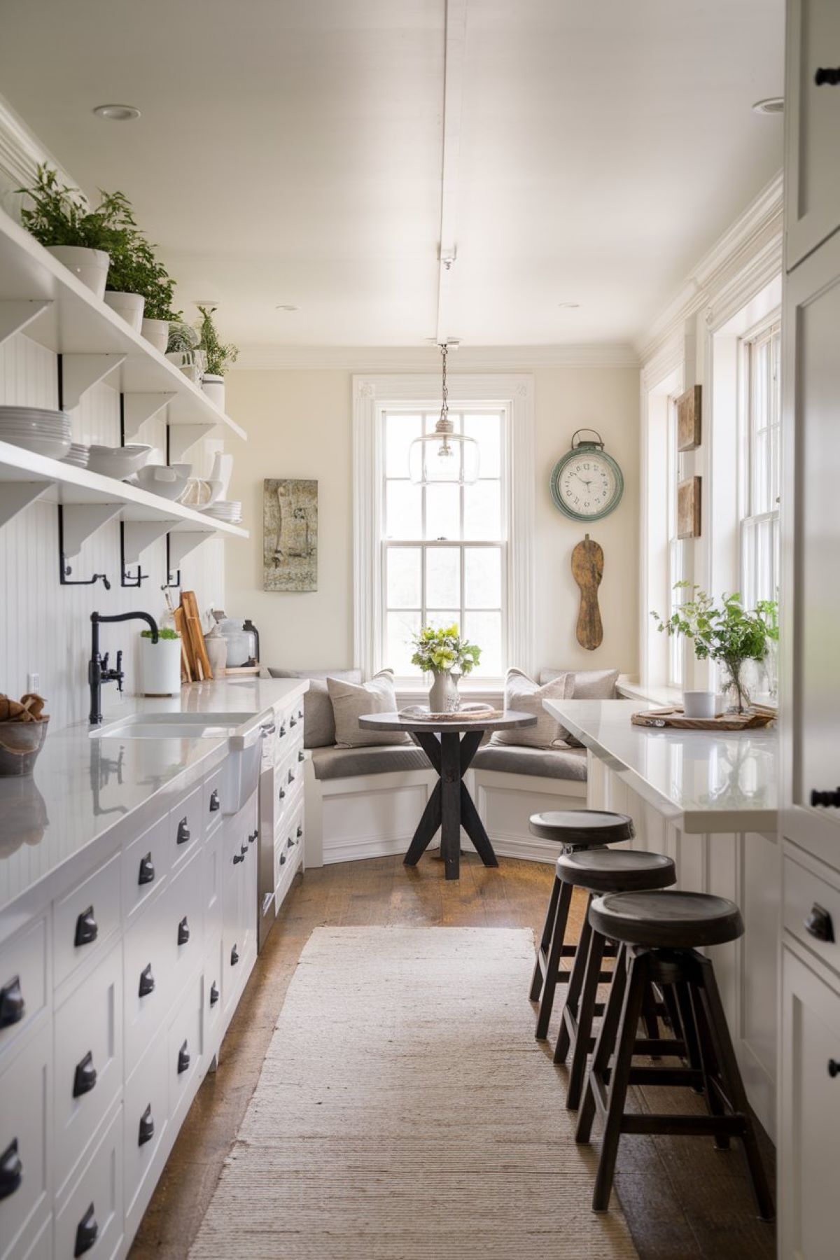 A stylish farmhouse kitchen featuring a long, narrow layout that maximizes space and functionality