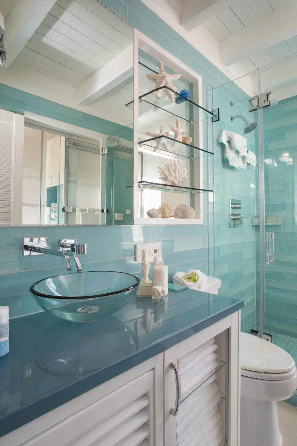 Beach decor bathroom coastal style with a serene aqua blue theme