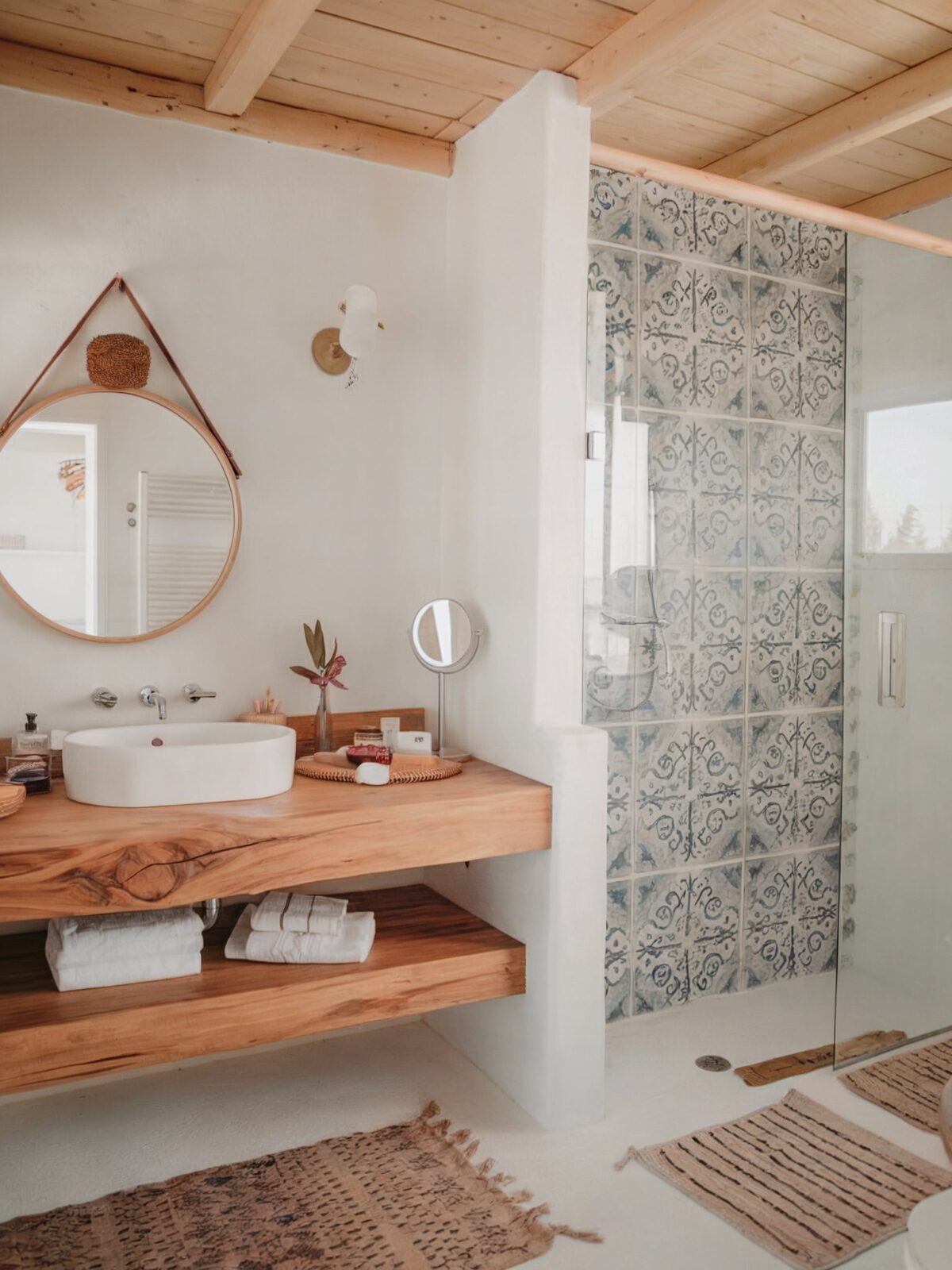 Boho coastal decor bathroom with a wooden vanity counter