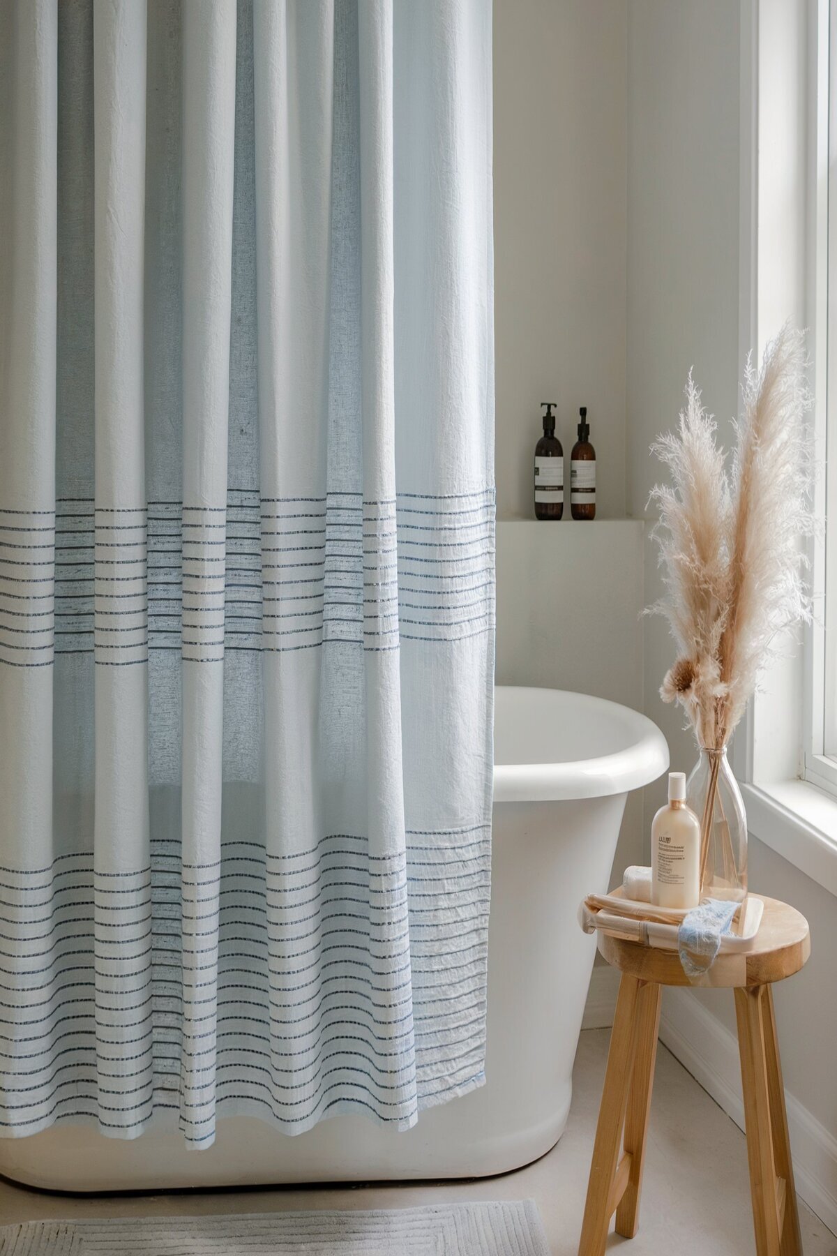 Farmhouse Bathroom Shower Ideas Blue Curtain