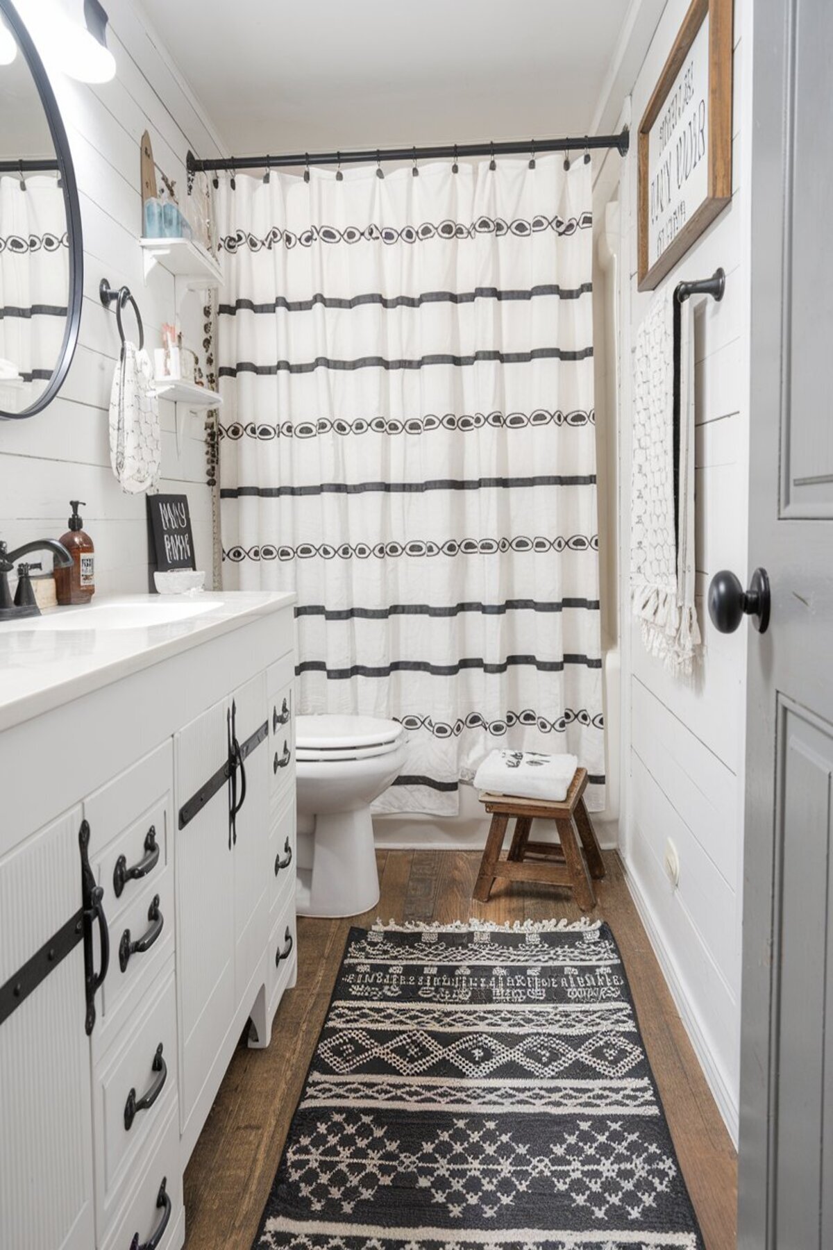 Farmhouse Bathroom Shower Ideas black and white curtain.