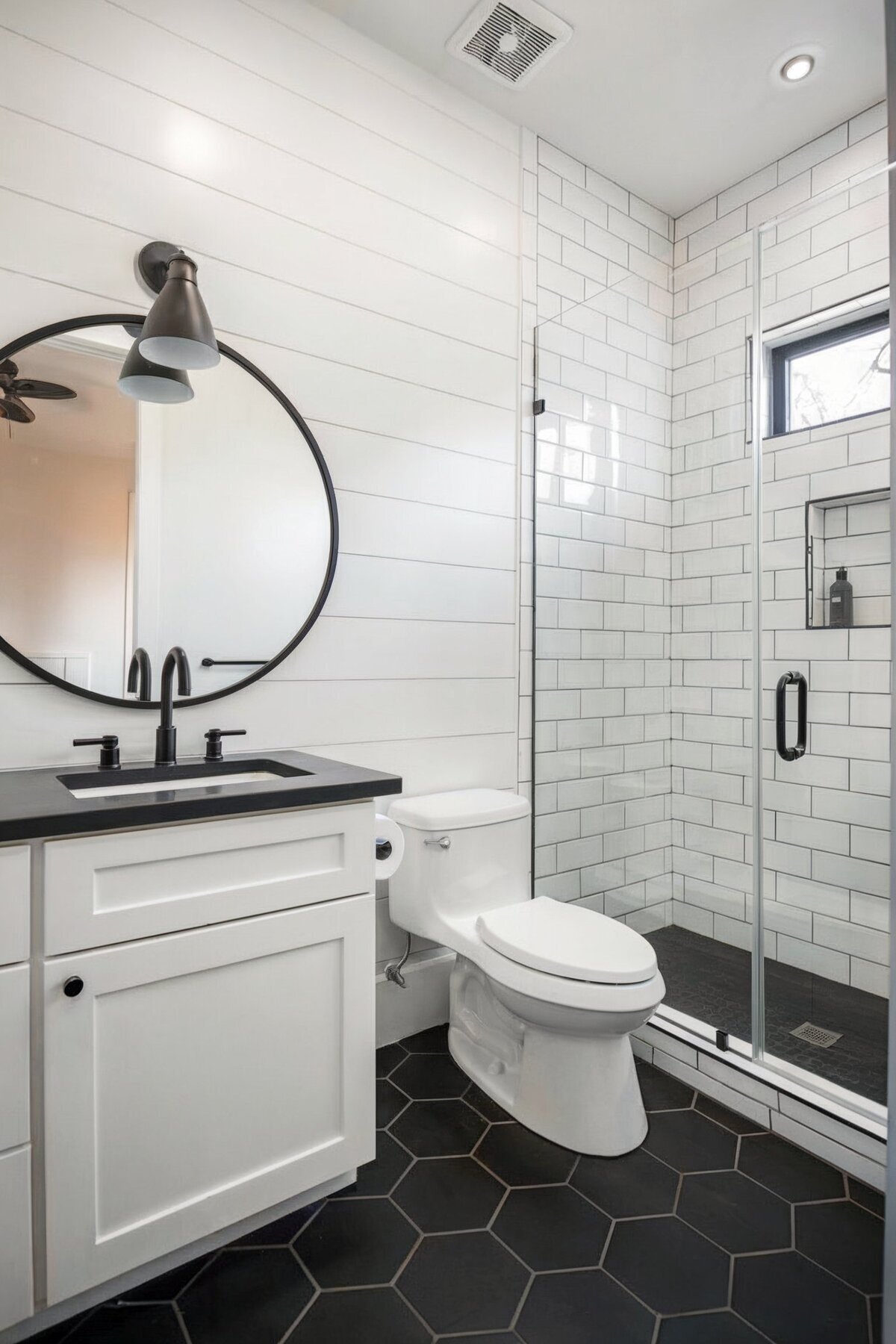 Farmhouse Bathroom Shower Ideas black hexagon floor