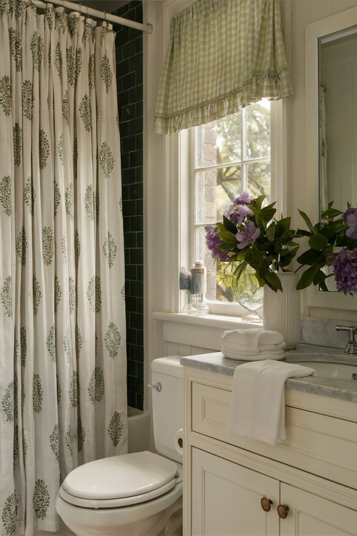Farmhouse Bathroom Shower Ideas green vintage curtain