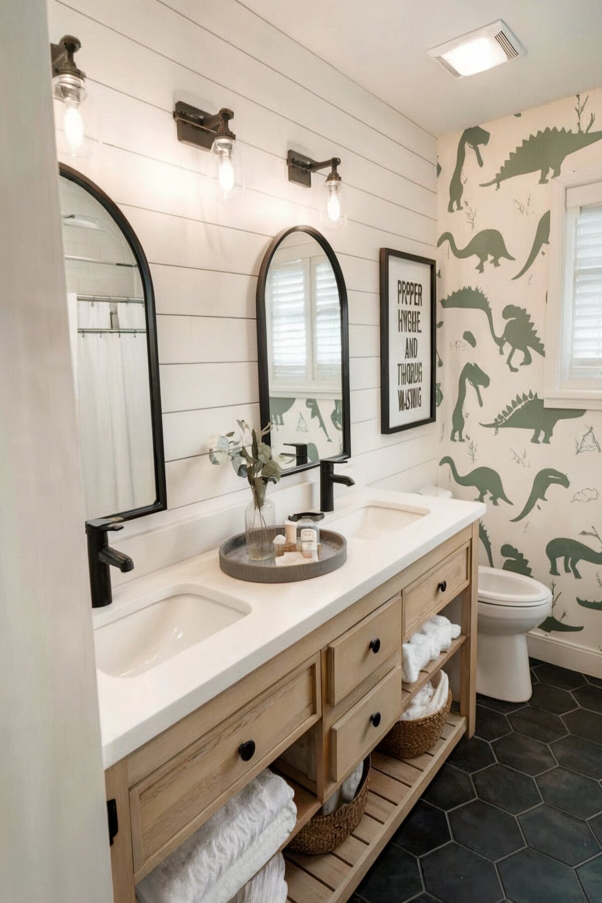 Farmhouse Bathroom Shower Ideas kids double vanity