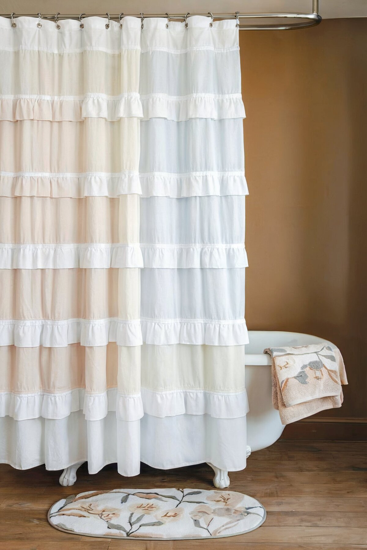 Farmhouse Bathroom Shower Ideas ruffled curtain