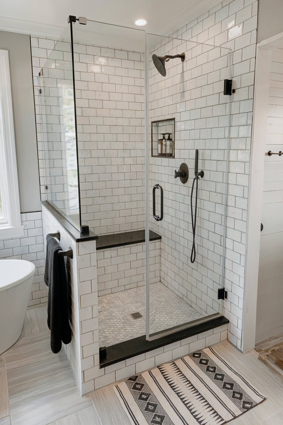 Farmhouse Bathroom Shower Ideas shower with bench
