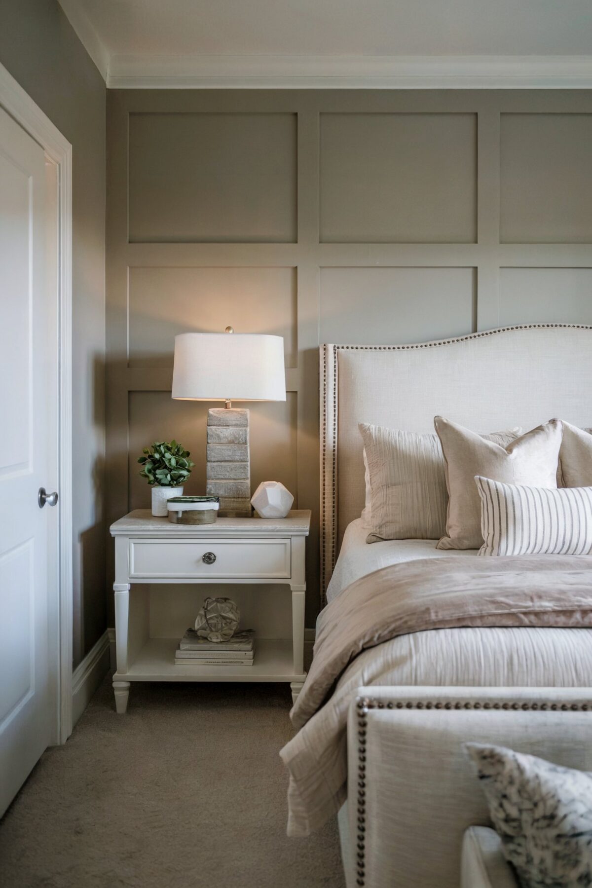 Farmhouse bedroom nightstand decor with a cozy setting