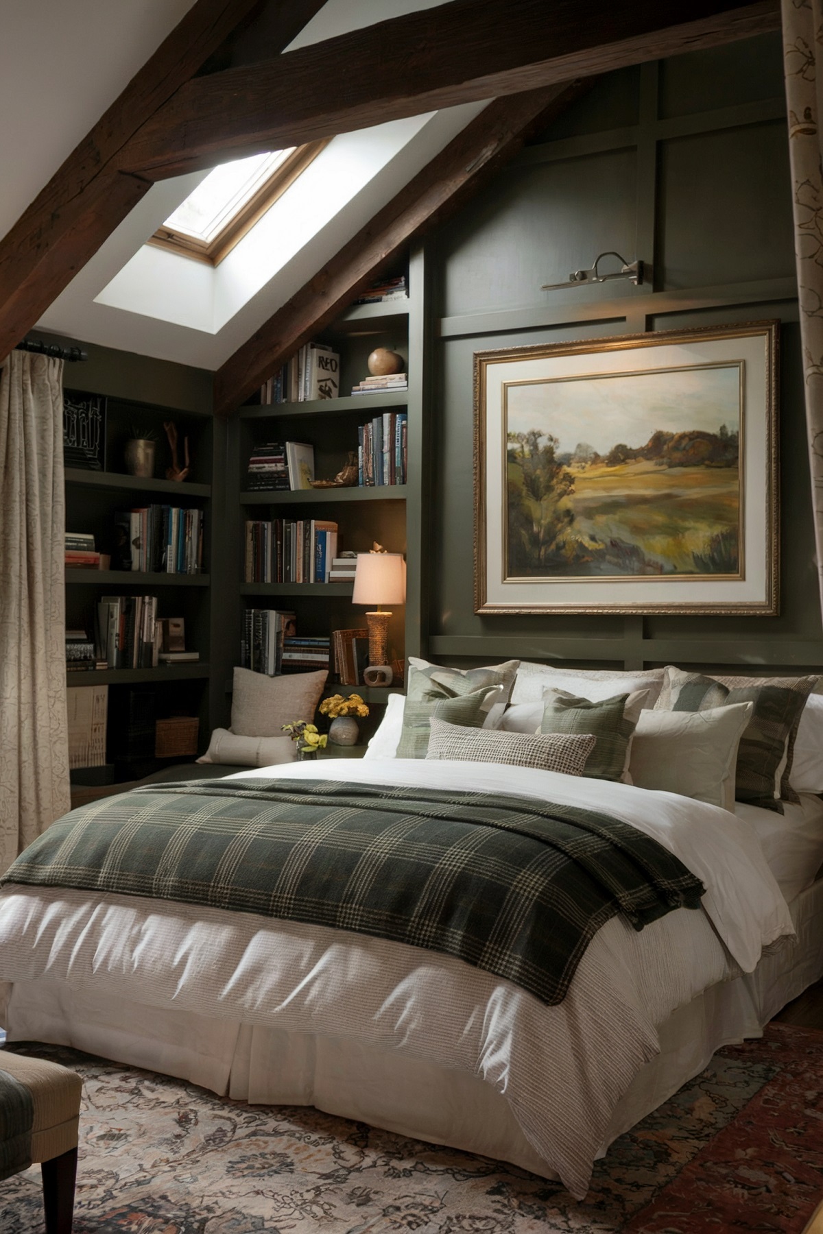 Green Cozy Boho Bedroom With Slopy Roof