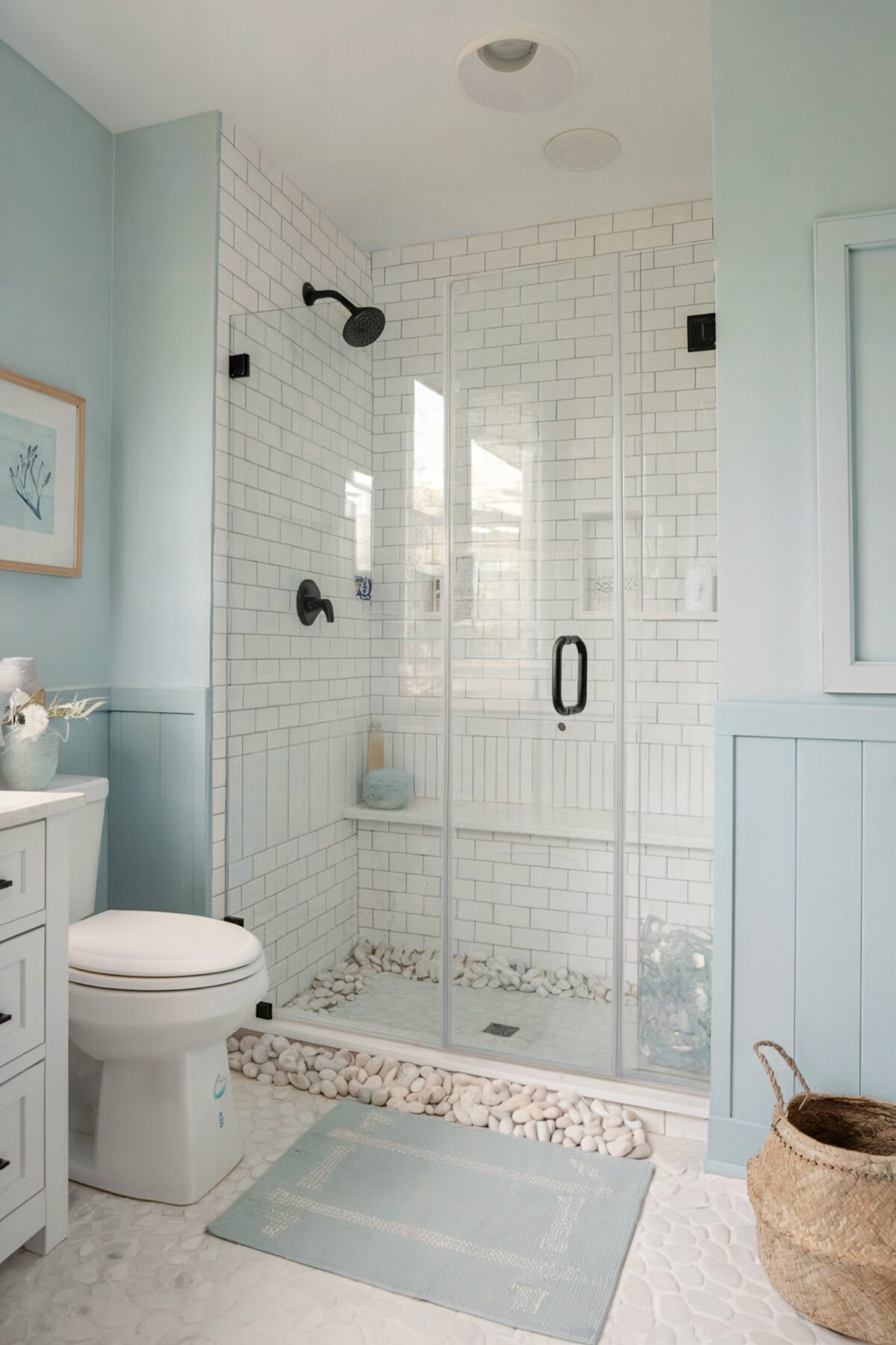 Light blue coastal bathroom decor a soft blue hue, complemented by white subway tiles on the shower wall