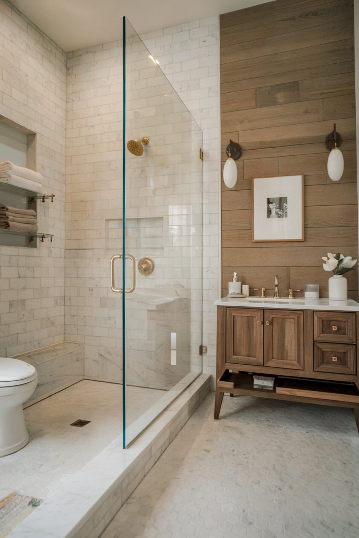Luxury bathroom tile ideas with a wooden panel accentwall adds warmth to the space