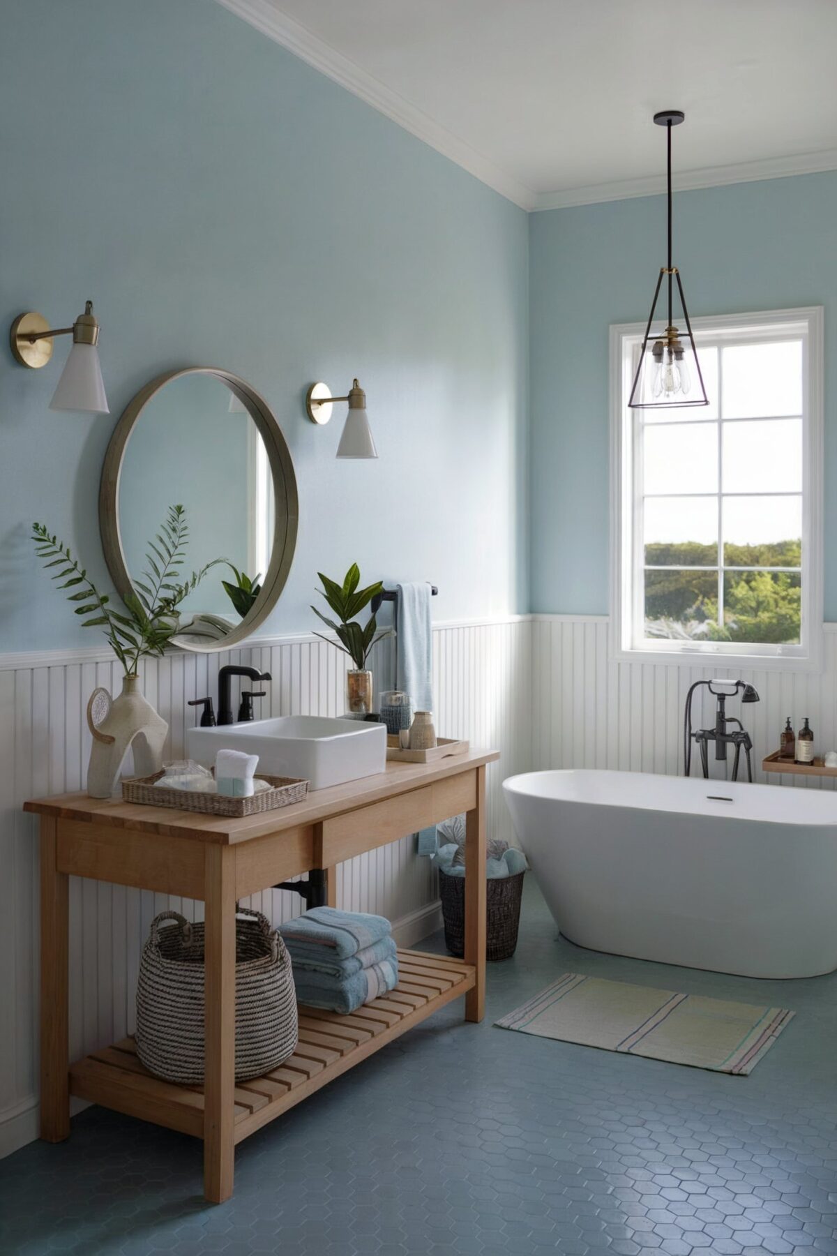 Modern coastal bathroom wall decor with soft blue walls