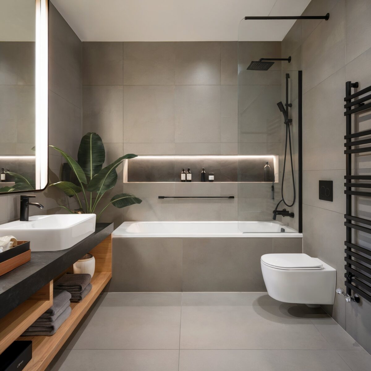 Small Apartment Bathroom with Modern Gray Luxury Decor