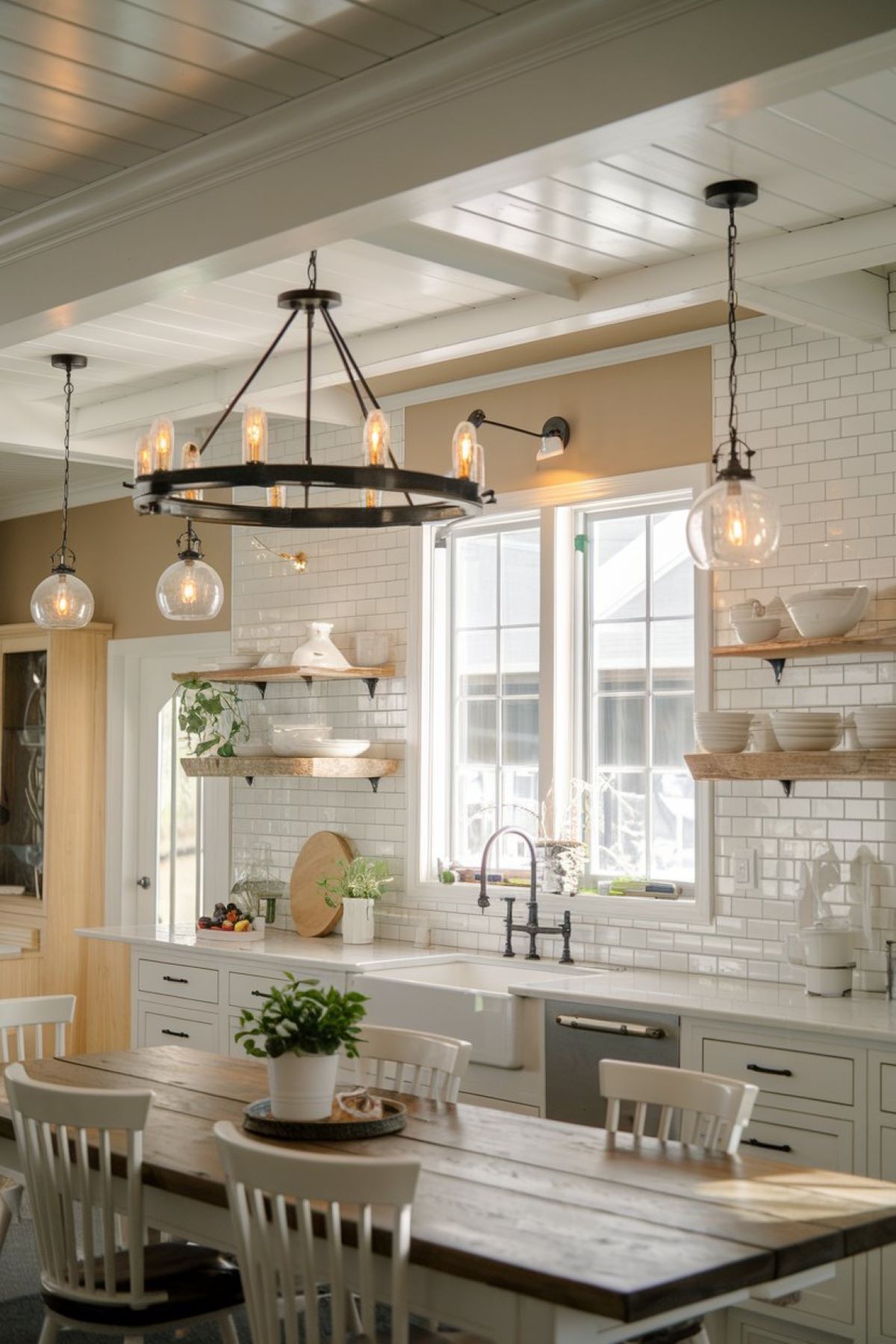 a beautifully designed farmhouse kitchen with a variety of charming lighting options1