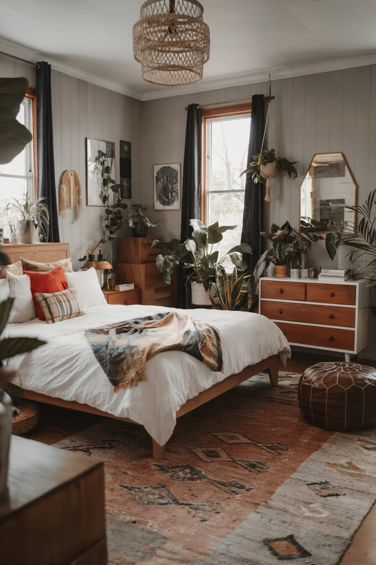 a bohemian bedroom with black furniture hippie