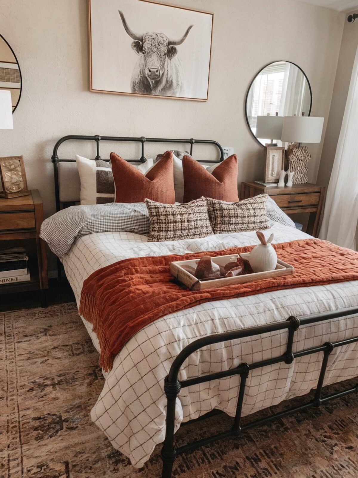 a boho bedroom setting with espresso furniture