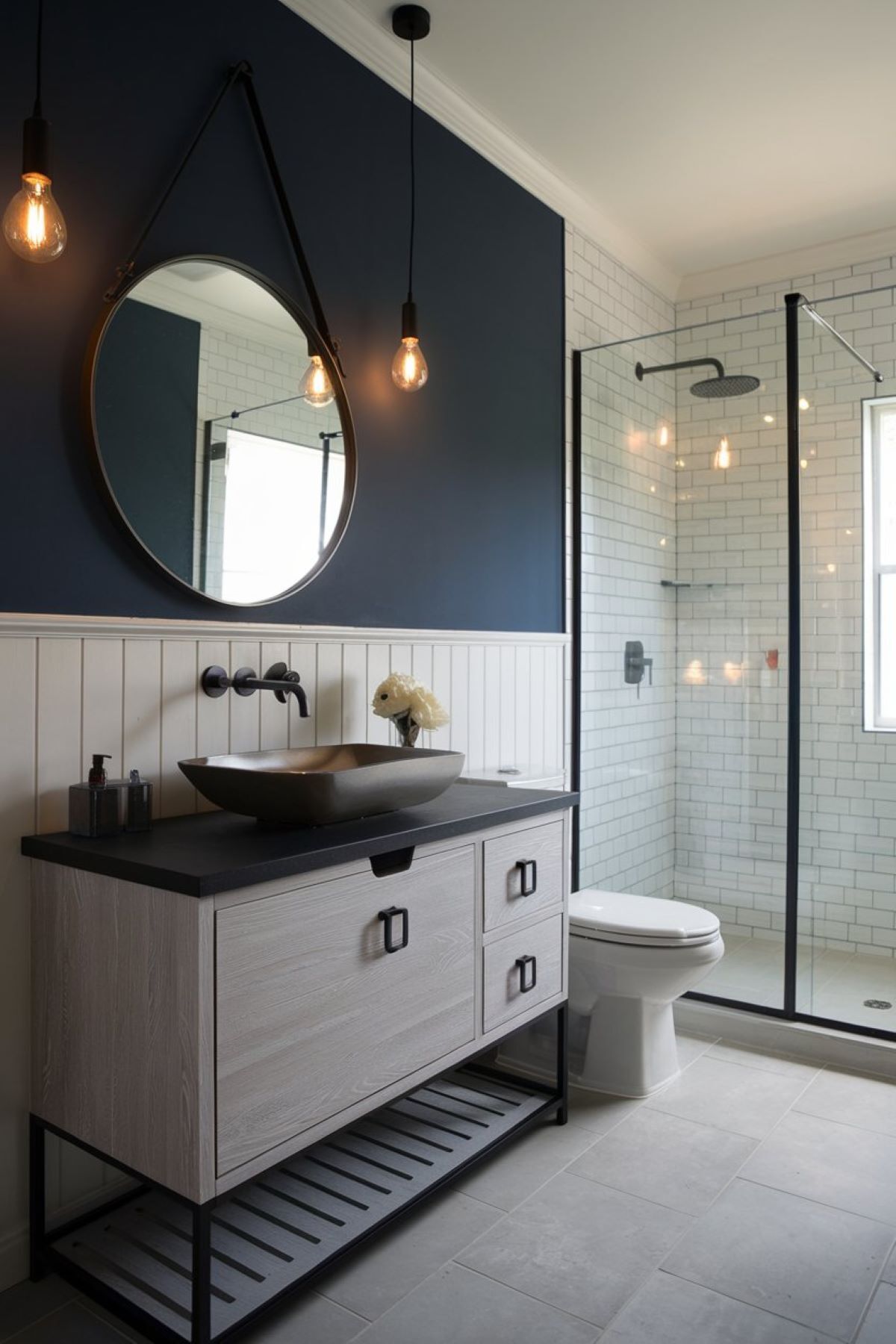 a stylish and modern farmhouse bathroom