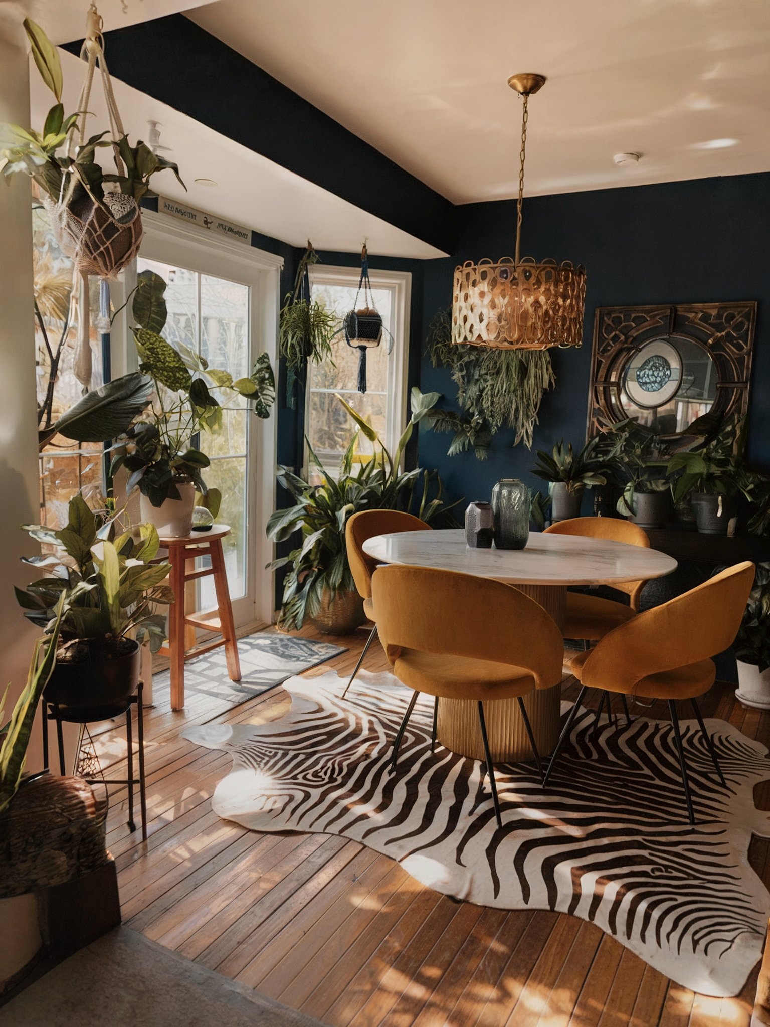 afro boho decor dining room yellow chairs natural plants wooden floor