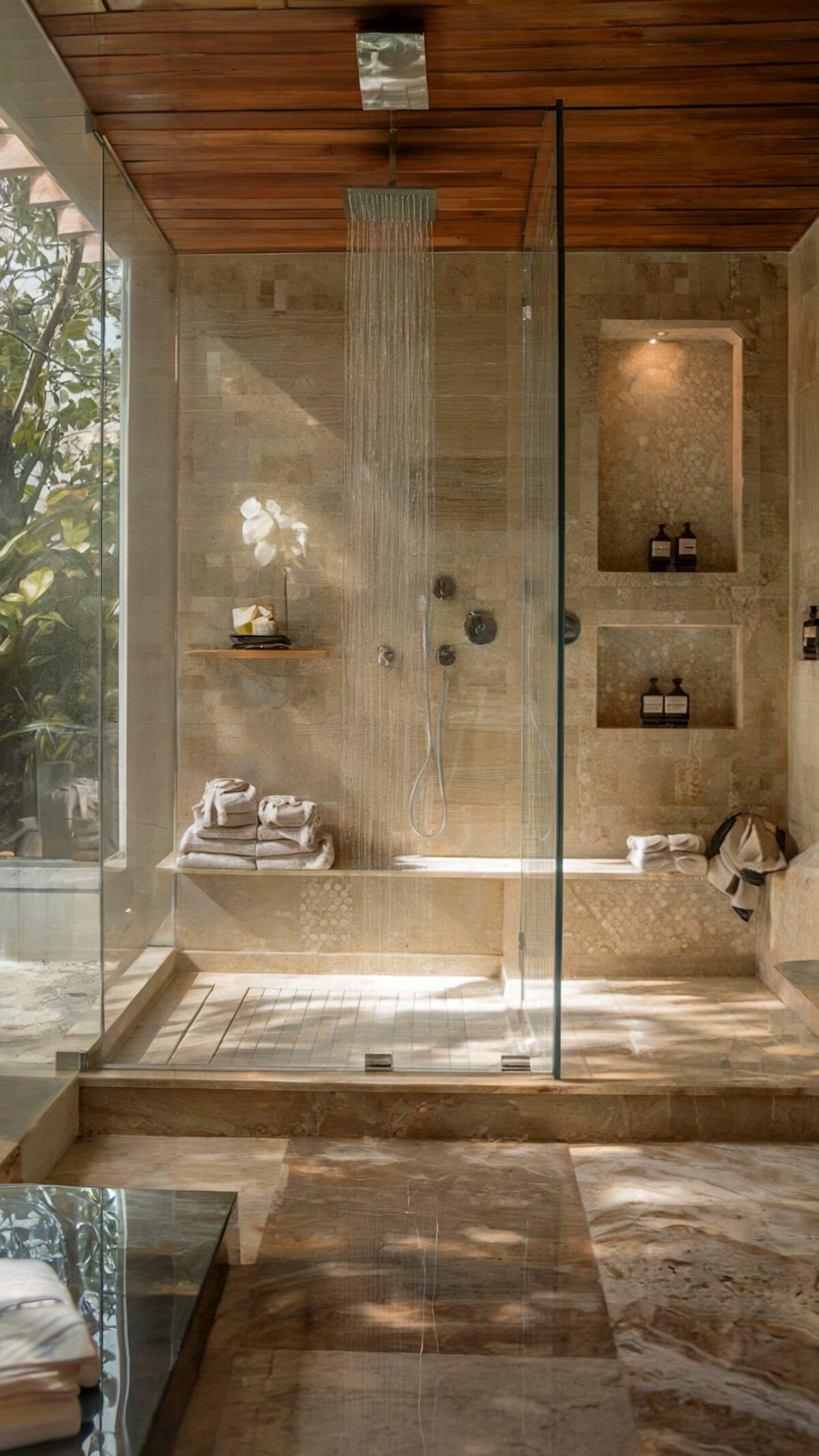 bathroom ideas modern luxury small tile with a wooden ceiling that adds warmth to the space