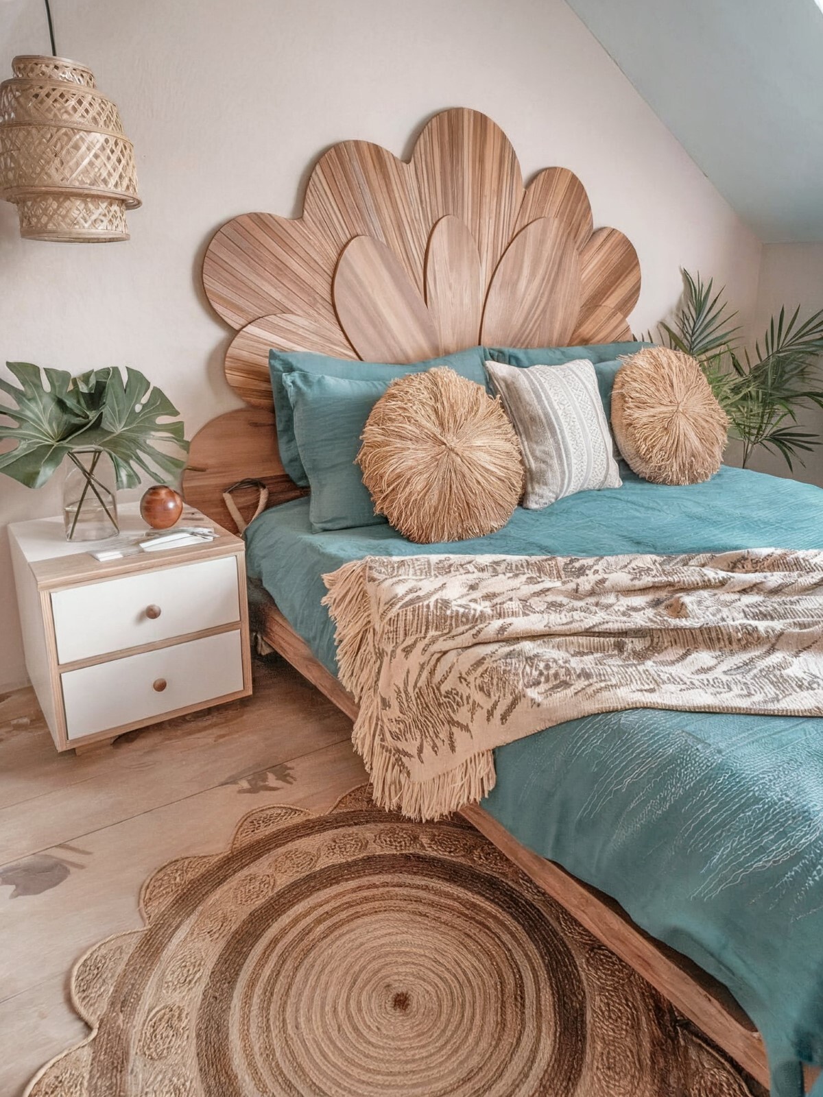bedroom ideas boho earthy small beautiful bed with wooden headboard in the shape of overlapping petals