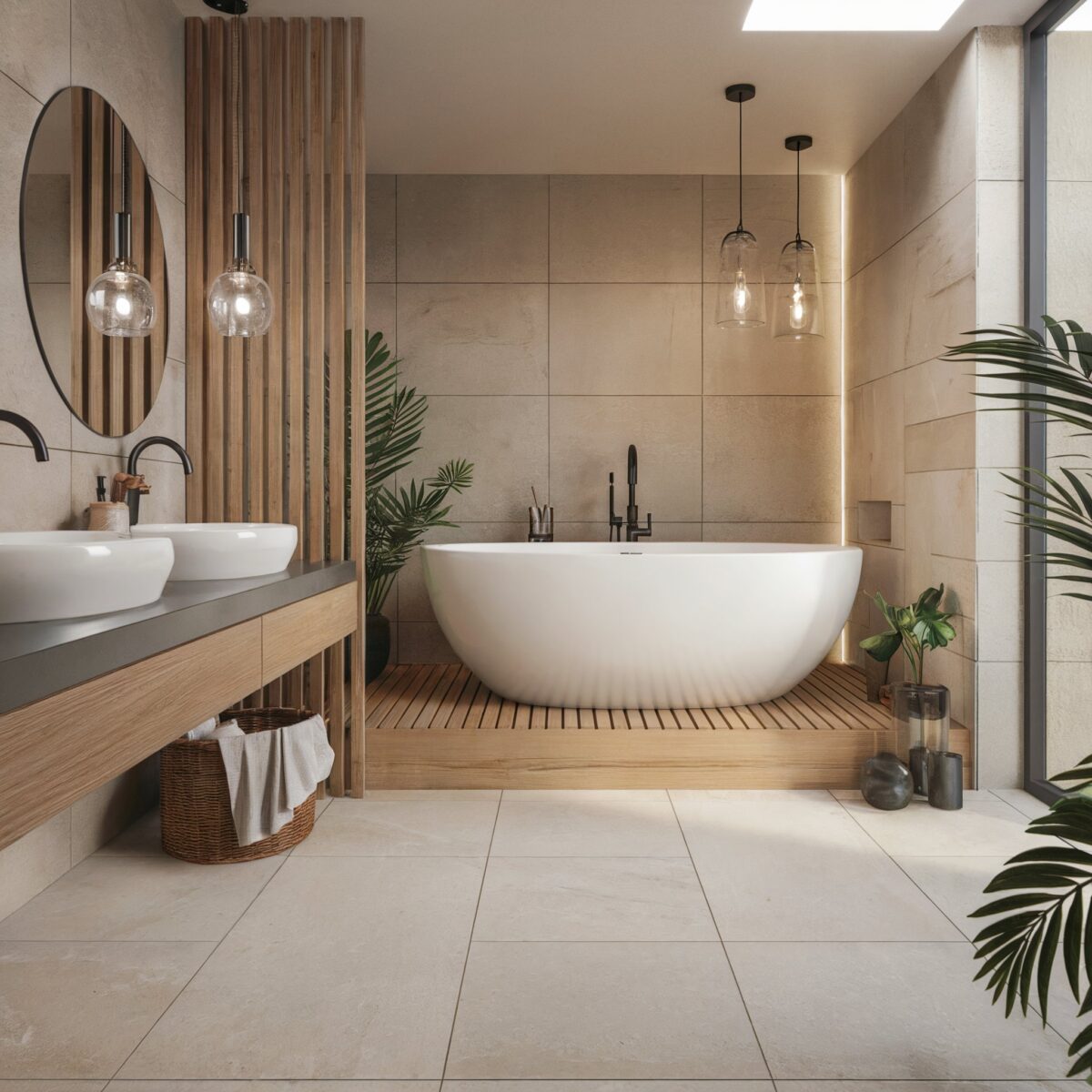 beige tile bathroom ideas modern luxury neutral toned on floor and walls, complemented by wooden vertical slats