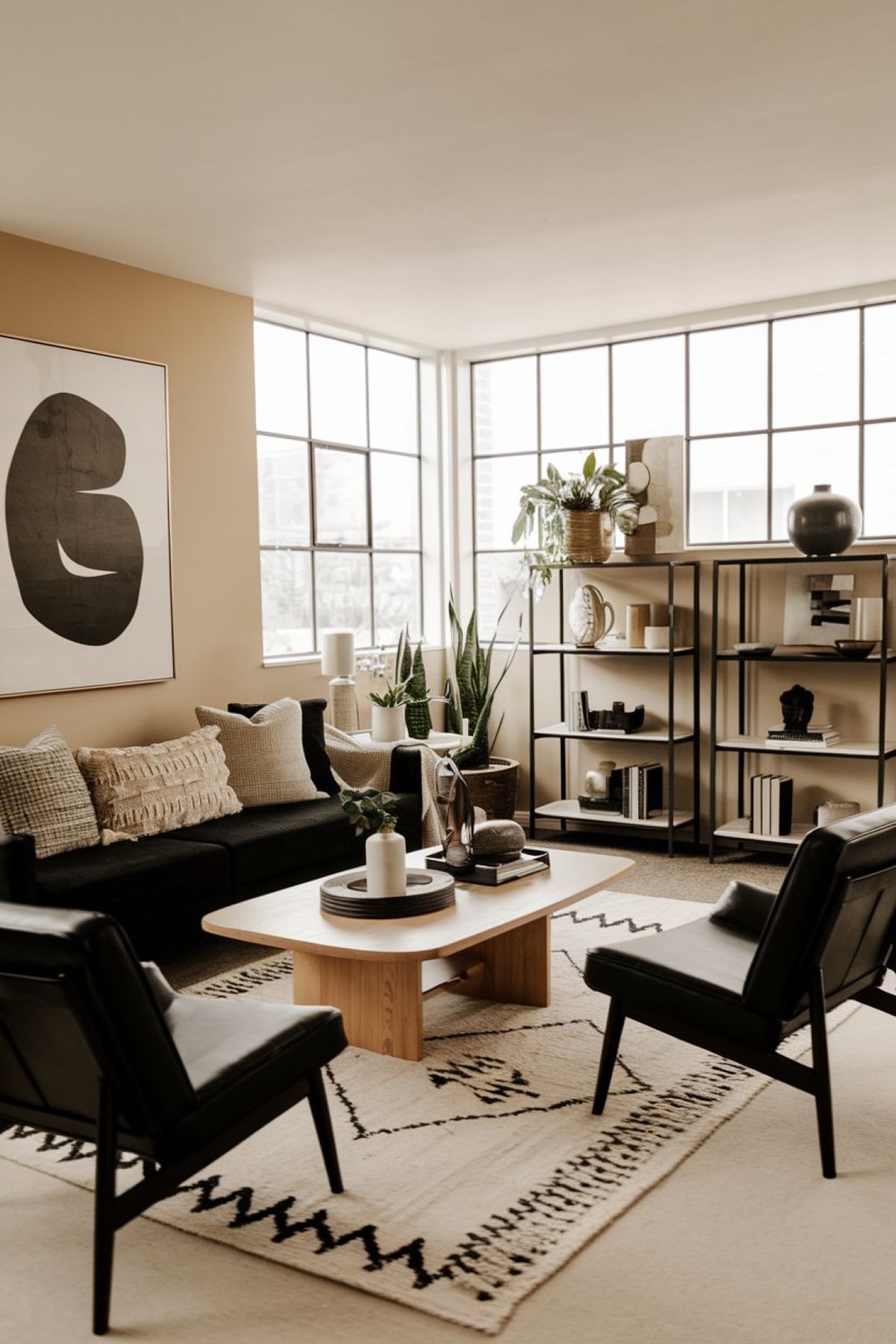 black and neutral mid century modern living room ideas blend of black and neutral
