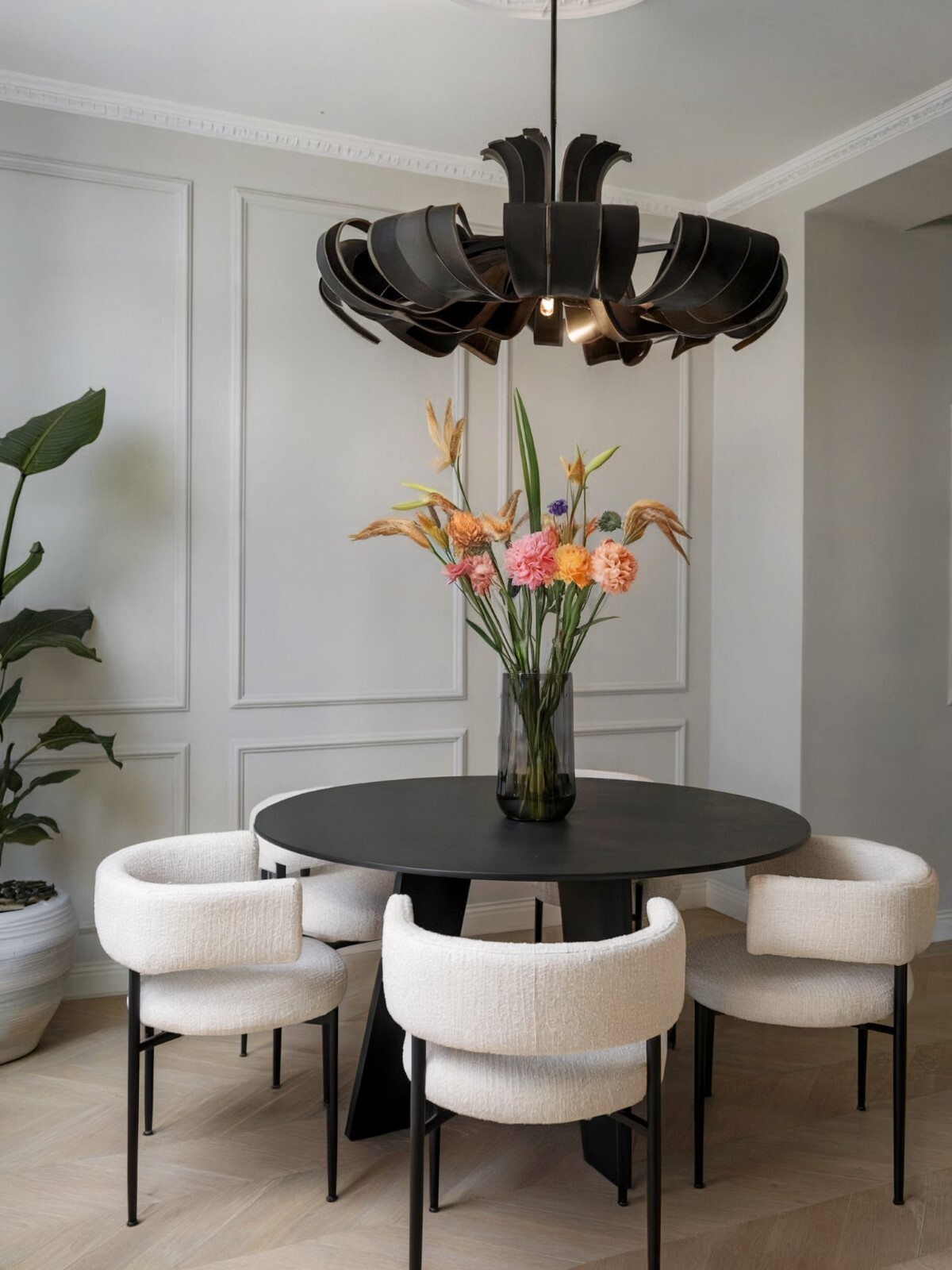 black and white dining room with minimalist design ideas elegant dining area with a round black table and white chairs