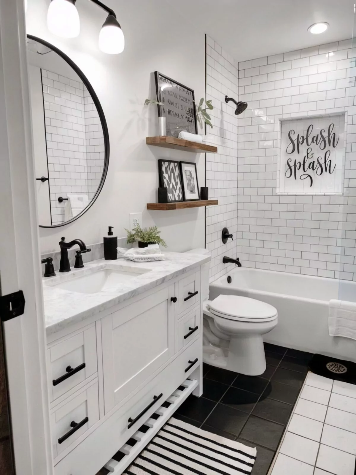 black and white farmhouse bathroom vanity ideas a white vanity and a black showerhead