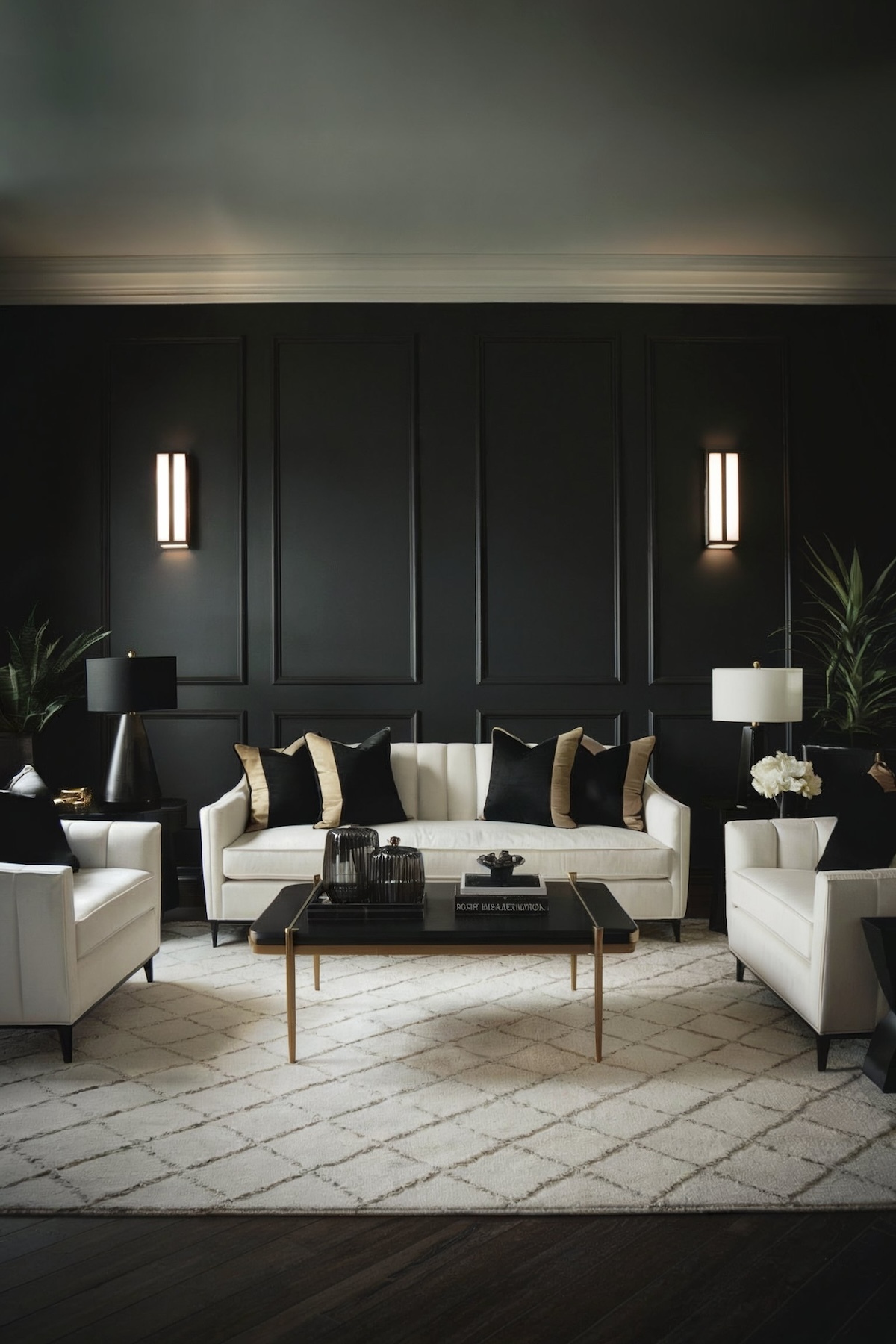 black and white luxury living room with plant