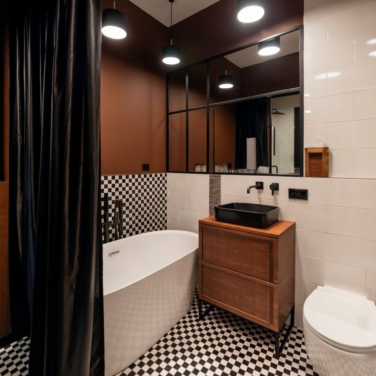 black and white tile bathroom luxury a rich brown color scheme has floor adorned with a checkered black and white patterned tiles