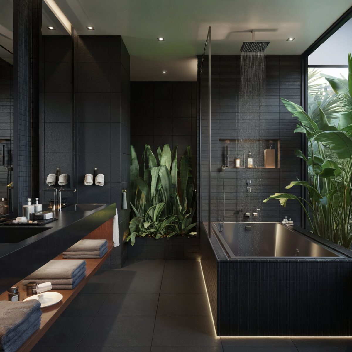 black luxury bathroom tile with a dark shades of black and gray tiles and natural green plants