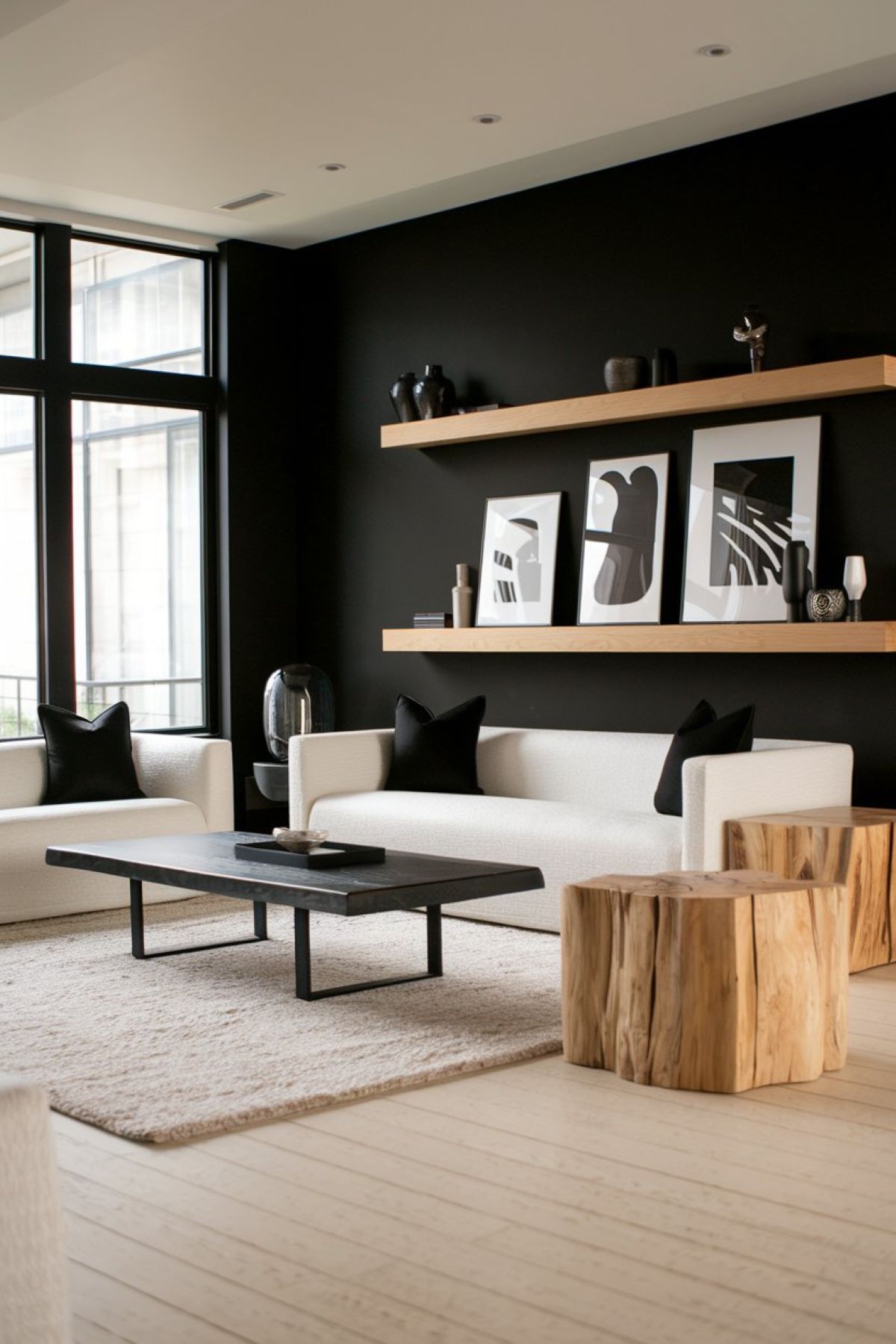 black white natural wood interior design living room modern