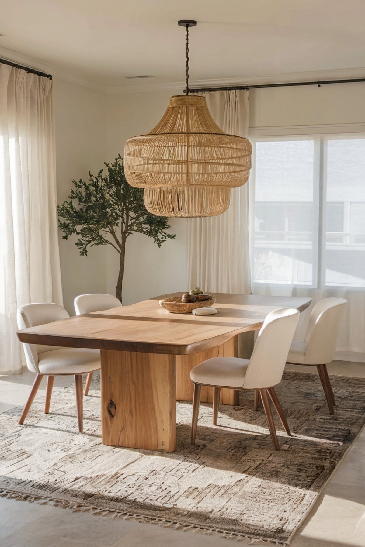 bohemian minimalist dining room decor large wooden dining table with room illuminated by natural light