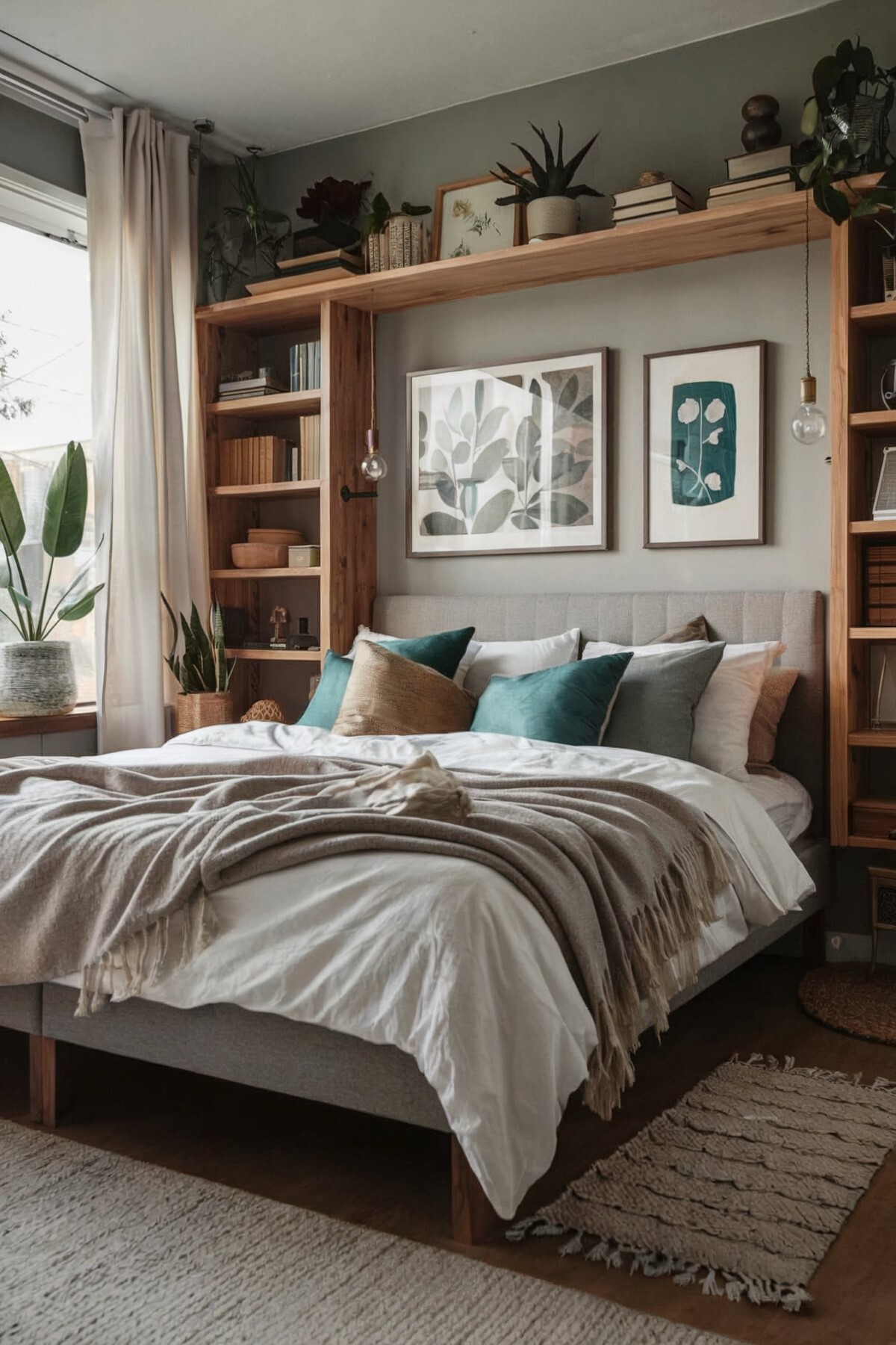 boho bedroom ideas small bed bed with white sheets, beige pillows and wooden shelves