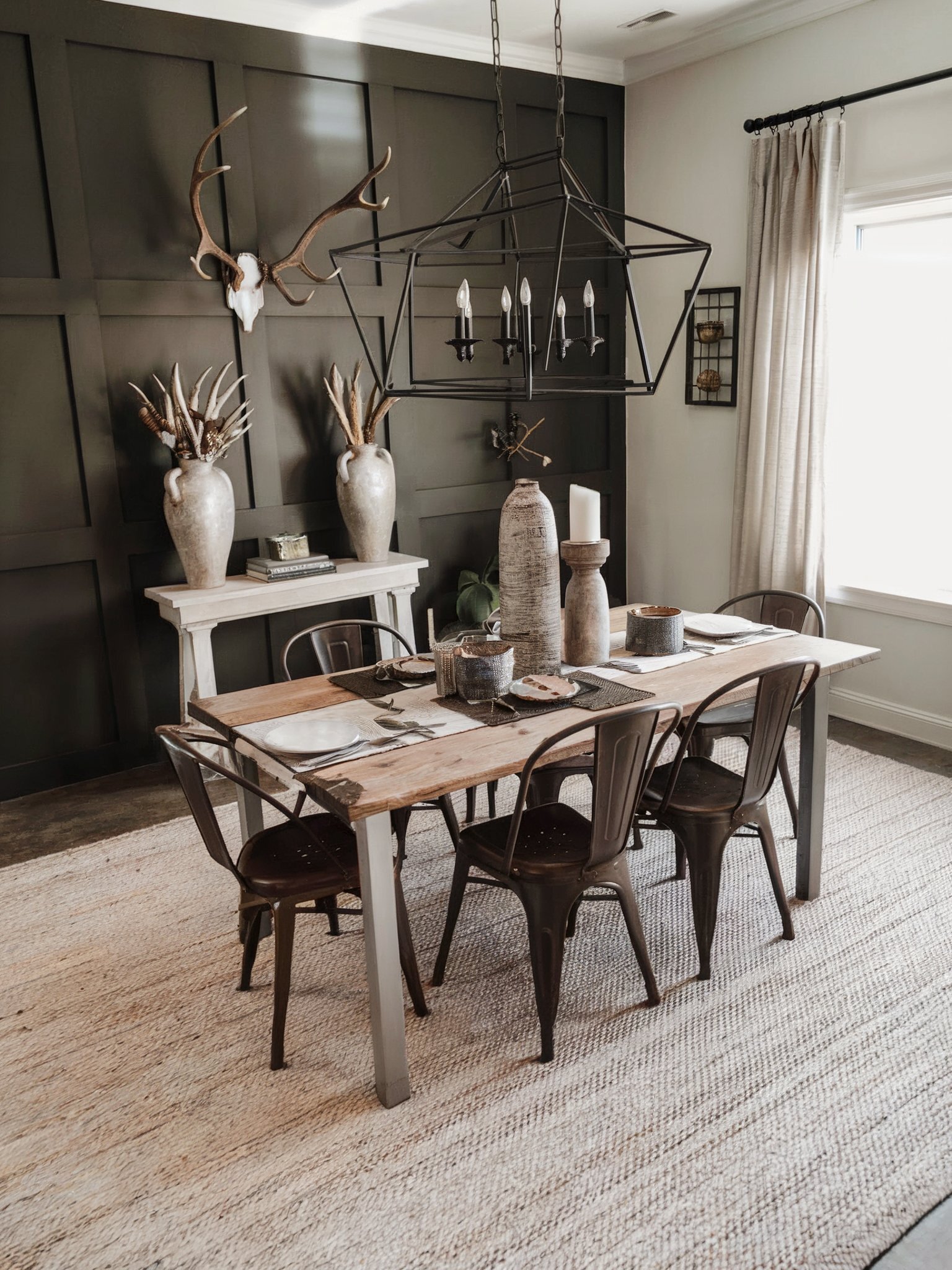 boho dining room decor black and white rustic dining dark paneled wall