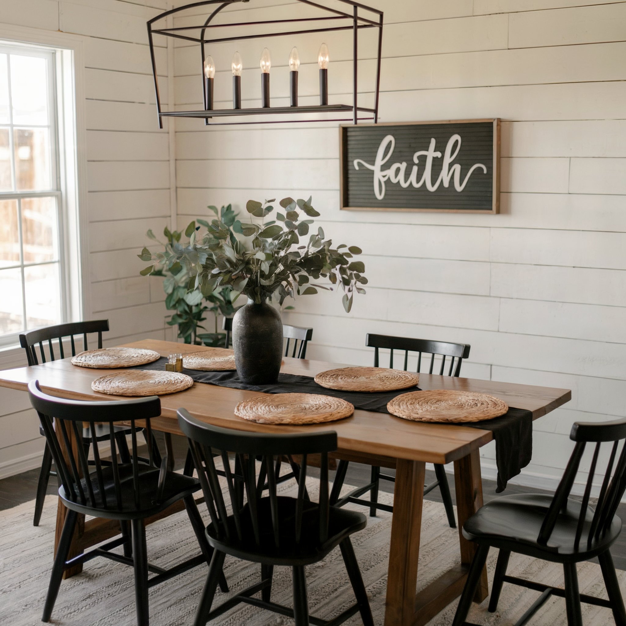 boho dining room decor black. dark vase green foliage woven placemats