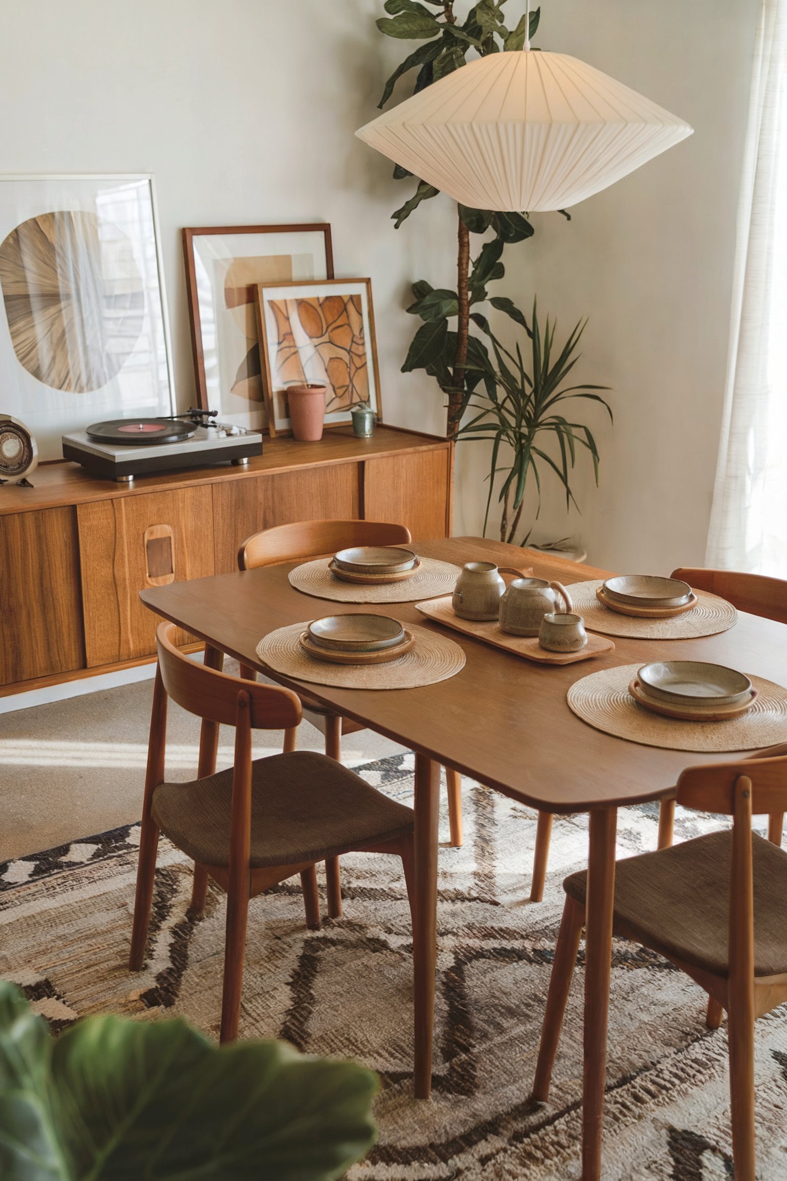 boho dining room decor well lit brown accents on chairs and shelf