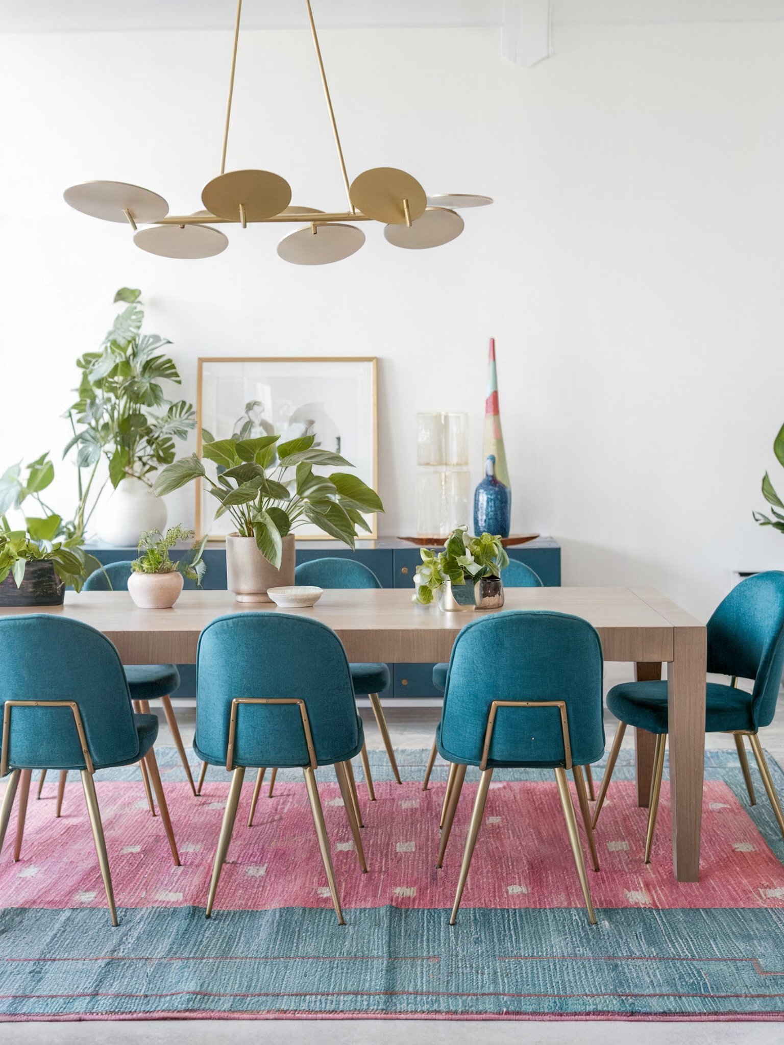 boho glam dining room decor blue chairs vibrant rug